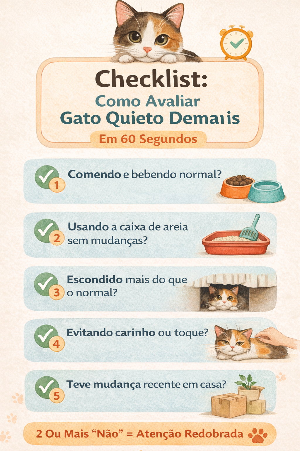 Checklist: como avaliar gato quieto demais em 60 segundos e identificar sinais de estresse ou problema de saúde