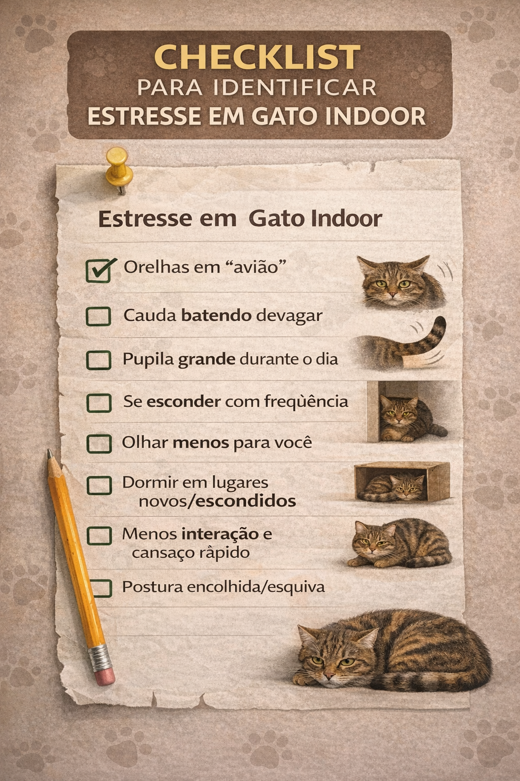 Checklist da linguagem corporal do gato com sinais de estresse como orelha em avião, cauda batendo e postura encolhida
