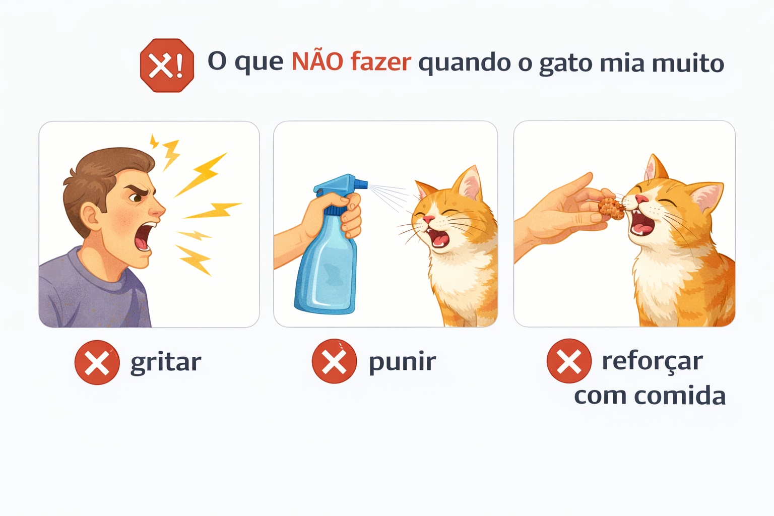 Checklist visual mostrando o que não fazer quando o gato mia muito, como gritar, punir ou reforçar o miado com comida