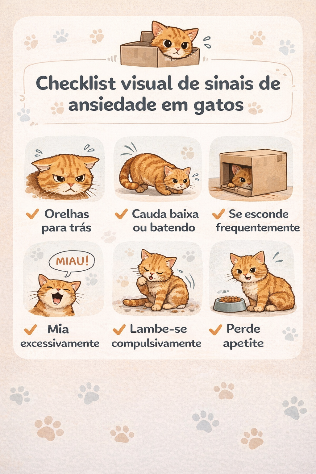 Infográfico checklist com sinais de ansiedade em gatos: orelhas para trás, cauda baixa, esconder-se, miar excessivamente, lamber-se compulsivamente e perda de apetite.