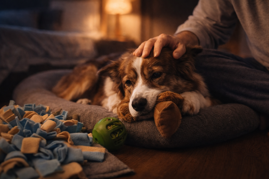 Rotina noturna para acalmar cachorro ansioso à noite antes de dormir