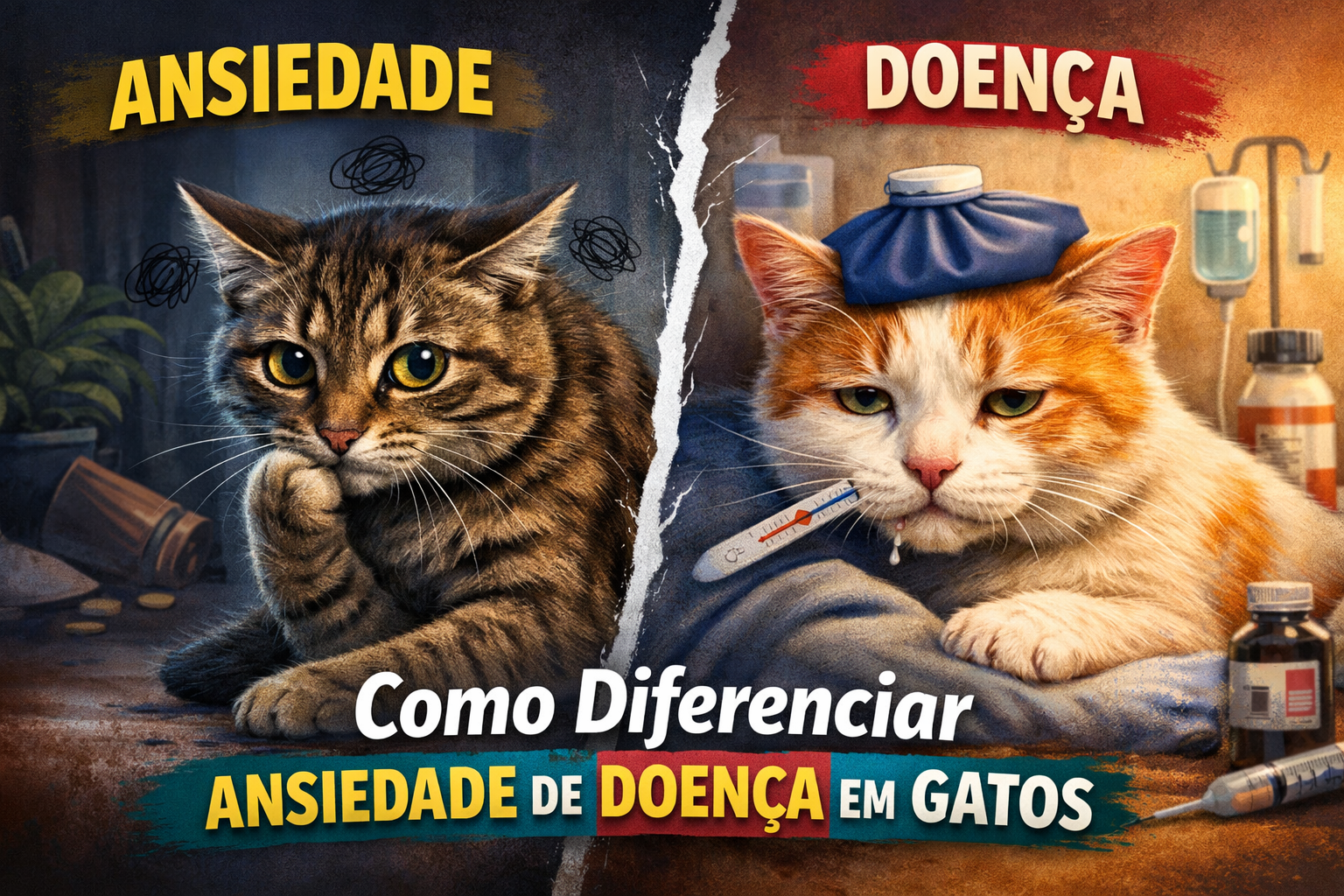 Gato ansioso à esquerda e gato aparentemente doente à direita, ilustrando como diferenciar ansiedade de doença em gatos
