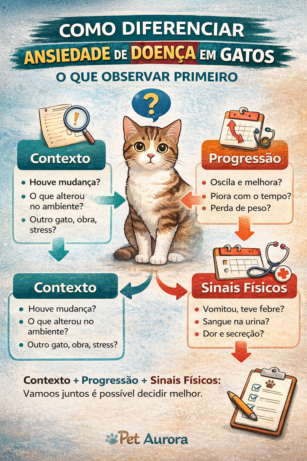 Infográfico explicando como diferenciar ansiedade de doença em gatos com três critérios: contexto, progressão e sinais físicos