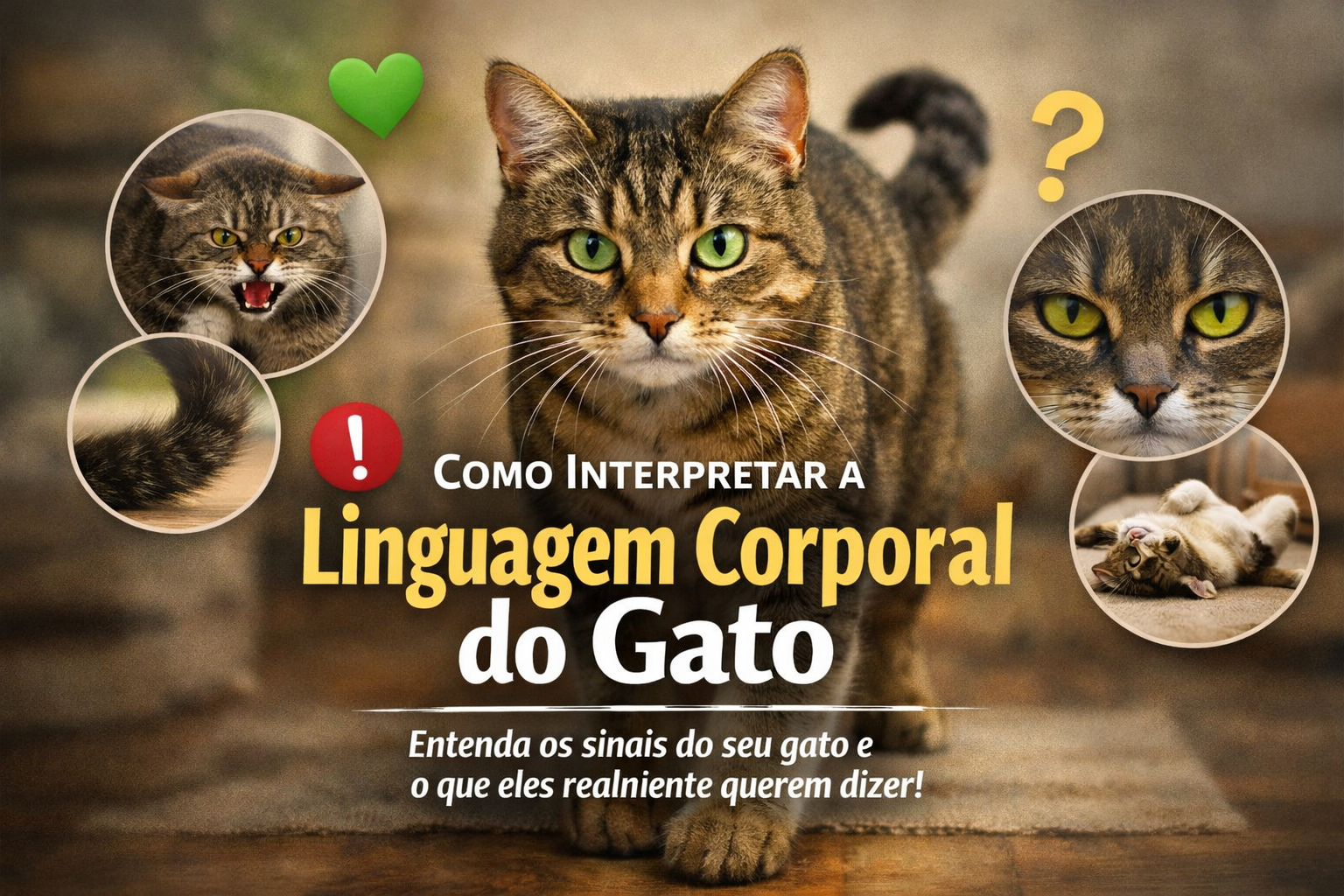 Gato com diferentes expressões corporais mostrando sinais de alerta, relaxamento e atenção na linguagem corporal felina