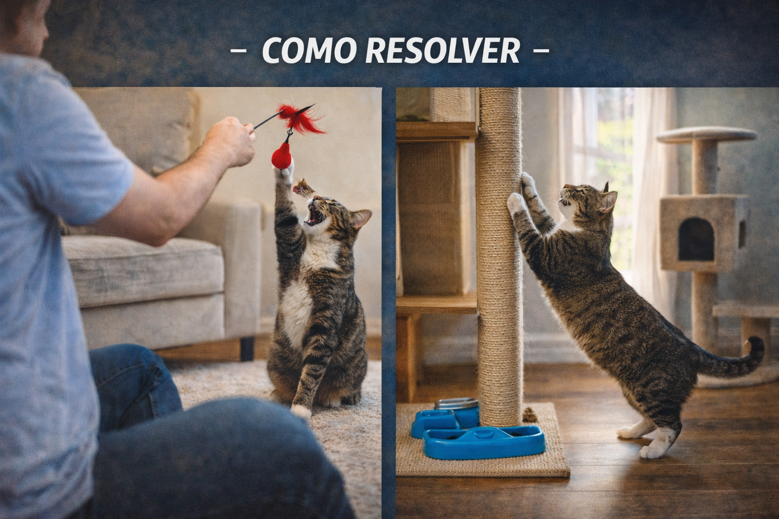 Tutor brincando com gato castrado usando varinha e arranhador, estratégia prática para reduzir miado excessivo