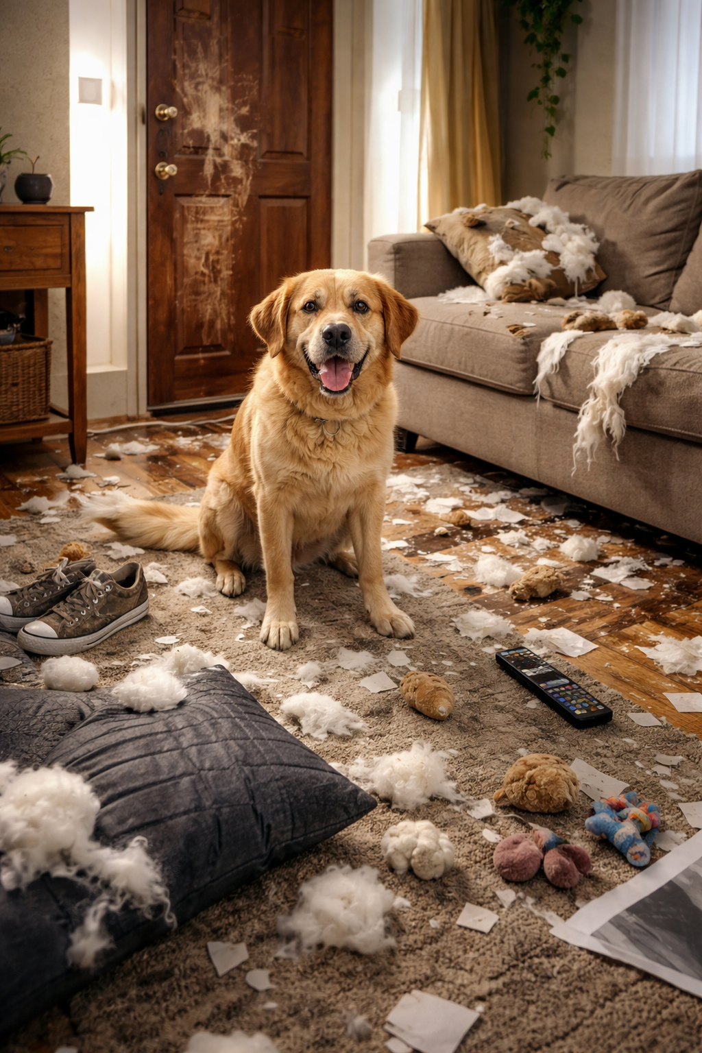 Cachorro com ansiedade de separação destrói sofá e objetos quando fica sozinho em casa