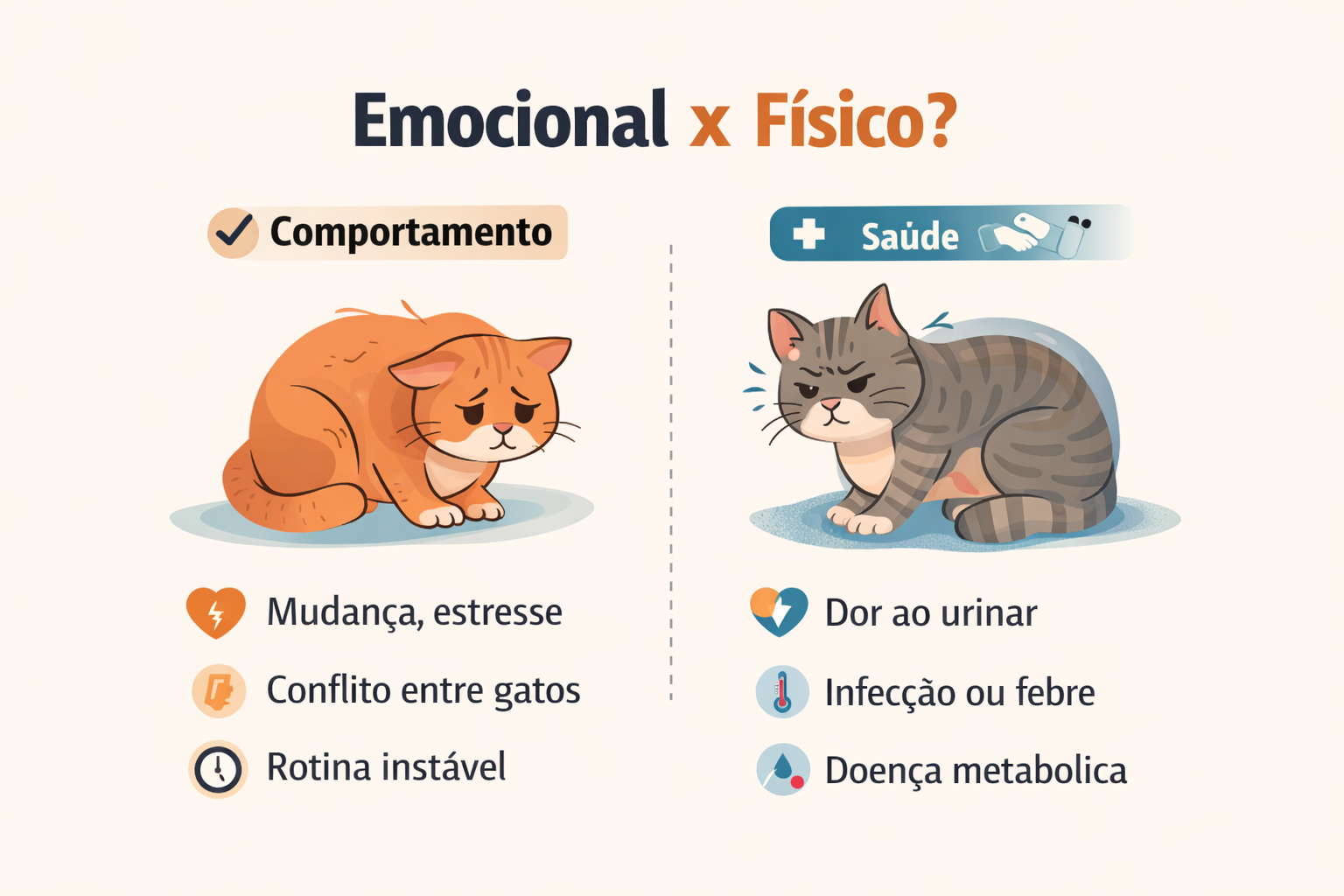 Infográfico comparando causas emocionais e físicas quando o gato não está bem, mostrando sinais como estresse, conflito e dor ao urinar.