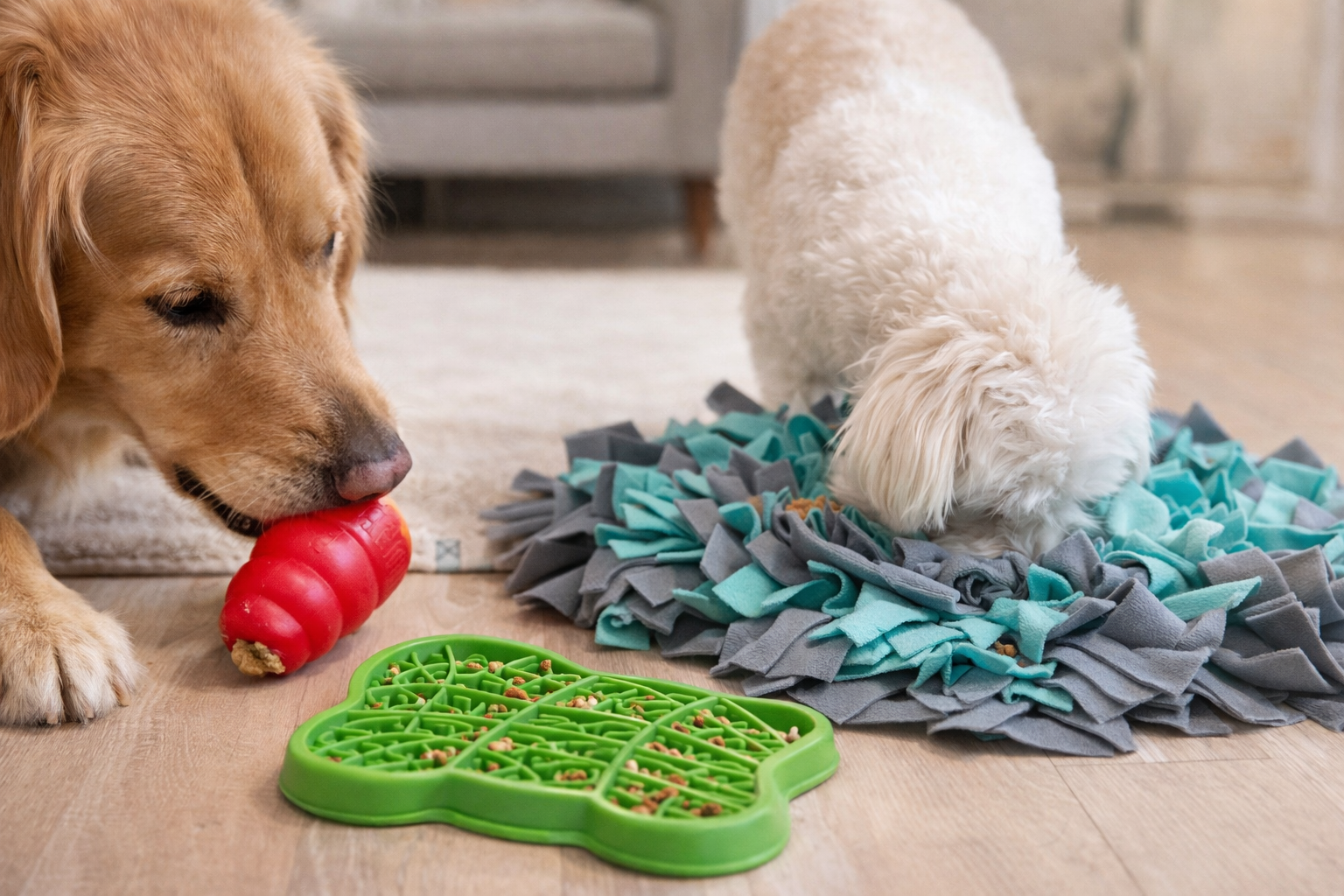 Cachorro ansioso usando brinquedo recheável e tapete olfativo como enriquecimento ambiental durante a alimentação