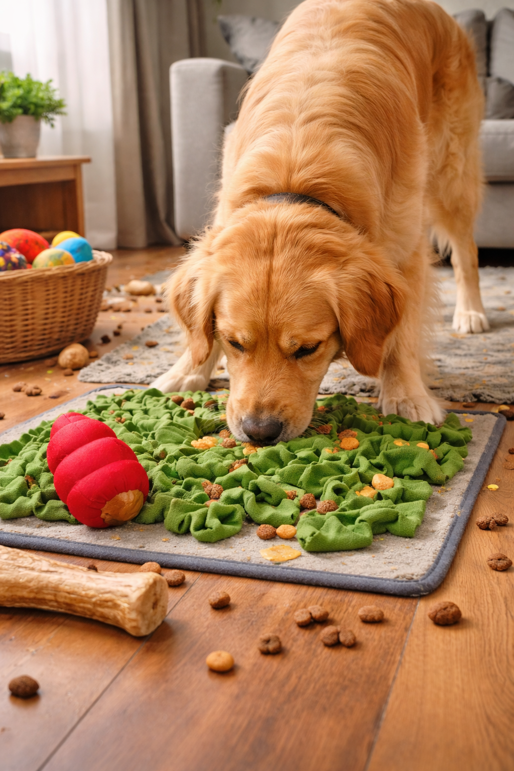 Enriquecimento ambiental para cachorro ansioso com tapete olfativo e brinquedo recheável durante a ausência do tutor