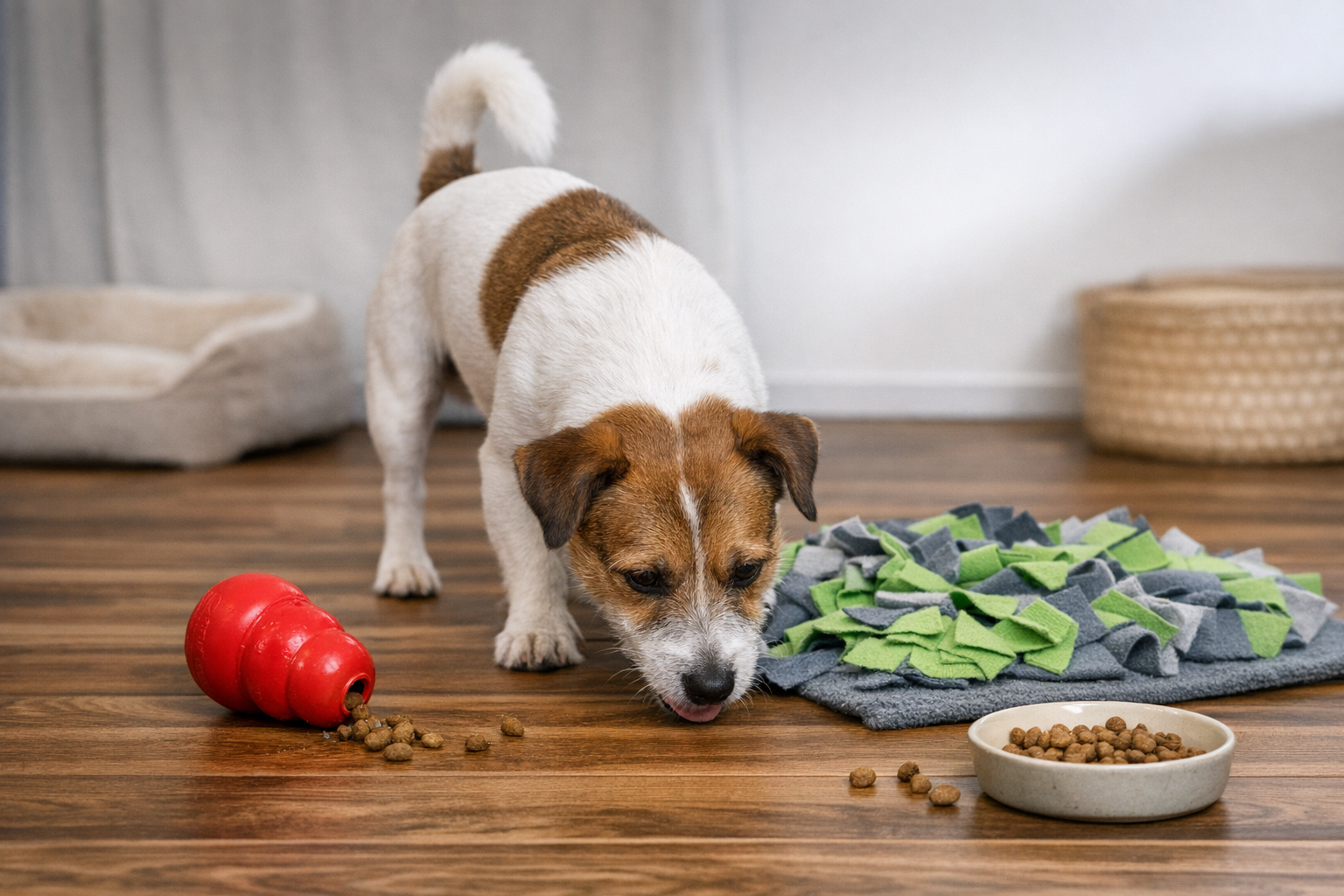 Cachorro usando tapete olfativo e brinquedo recheável como enriquecimento ambiental para ansiedade