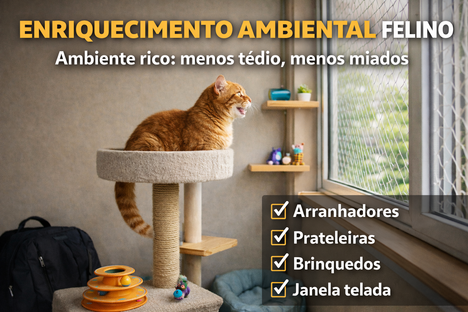 Ambiente com arranhador, prateleiras e brinquedos ajudando o gato a ficar calmo enquanto o tutor está fora