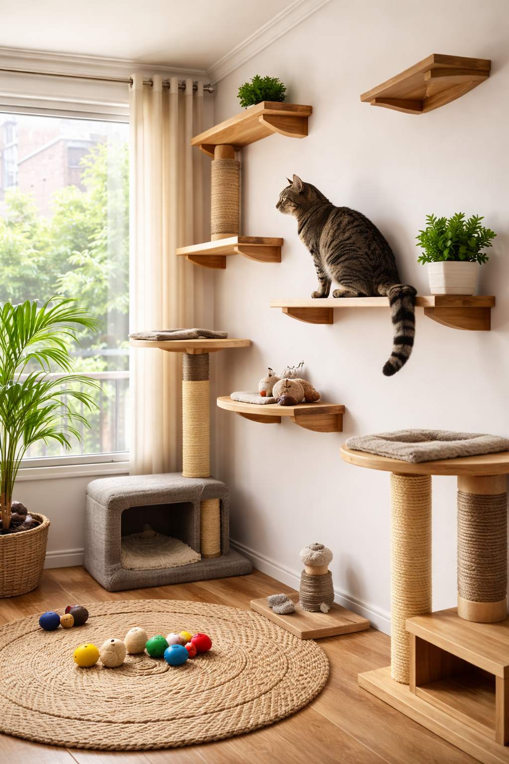 Gato indoor em prateleiras com enriquecimento ambiental vertical, olhando pela janela em apartamento com arranhador e brinquedos.