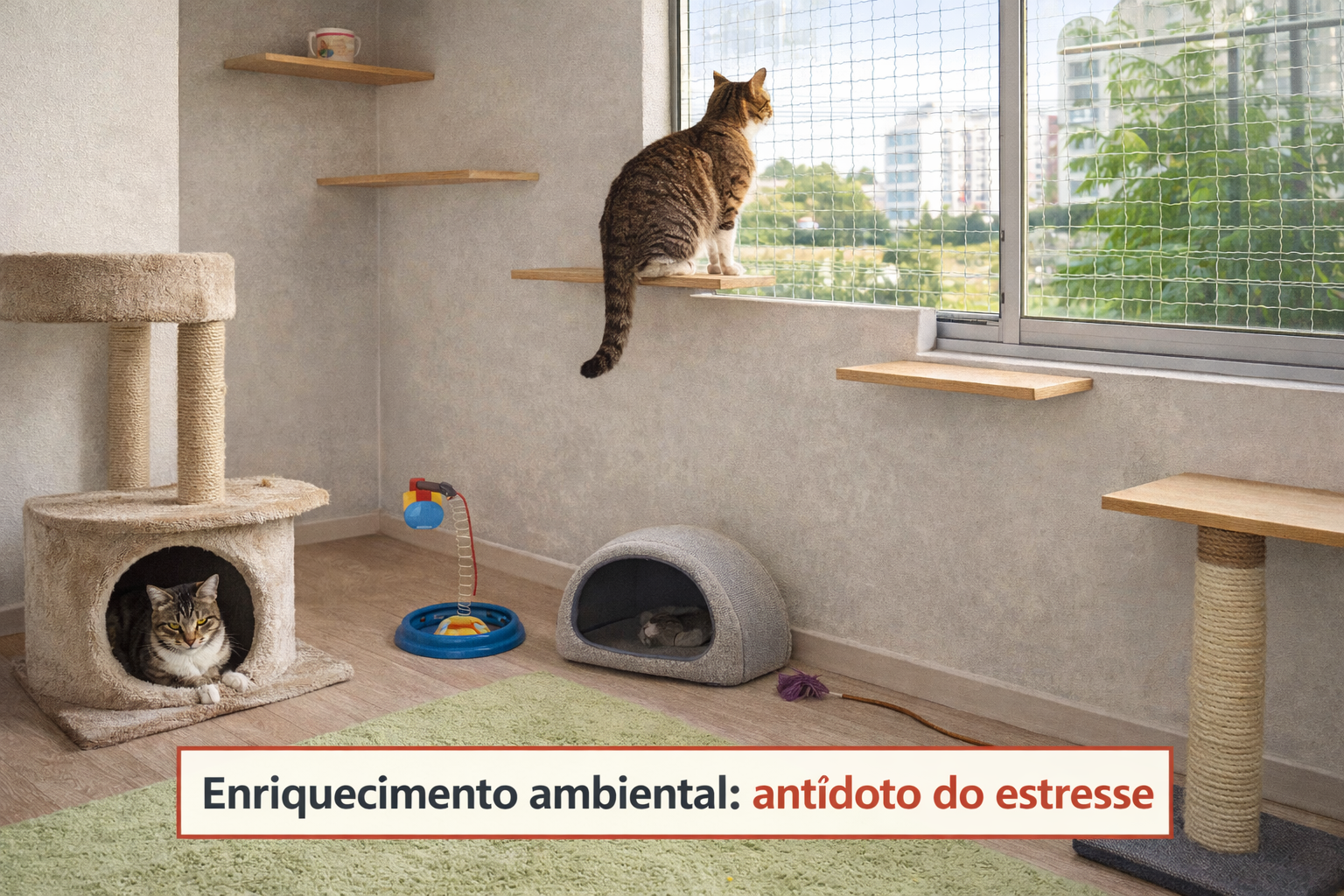 Ambiente com enriquecimento ambiental para gato indoor com prateleiras, arranhador, toca e janela segura para reduzir ansiedade