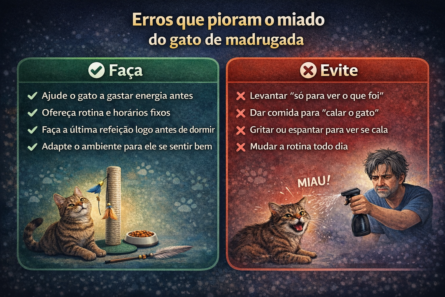 Checklist visual mostrando erros que pioram o miado do gato de madrugada, com exemplos do que fazer e do que evitar
