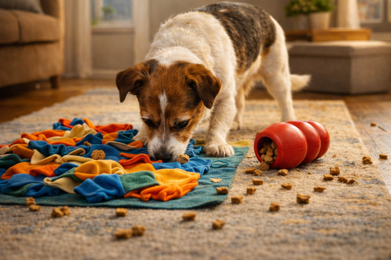 Cachorro ansioso usando tapete olfativo e brinquedo recheável como estímulo mental em apartamento