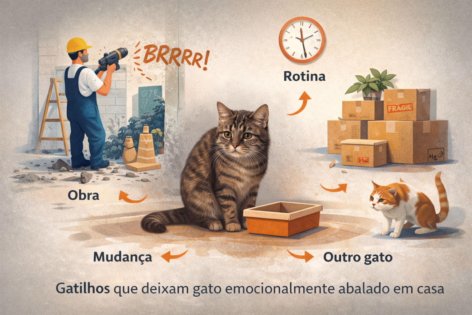 gatilhos que deixam gato emocionalmente abalado em casa como obra, mudança, outro gato e rotina instável