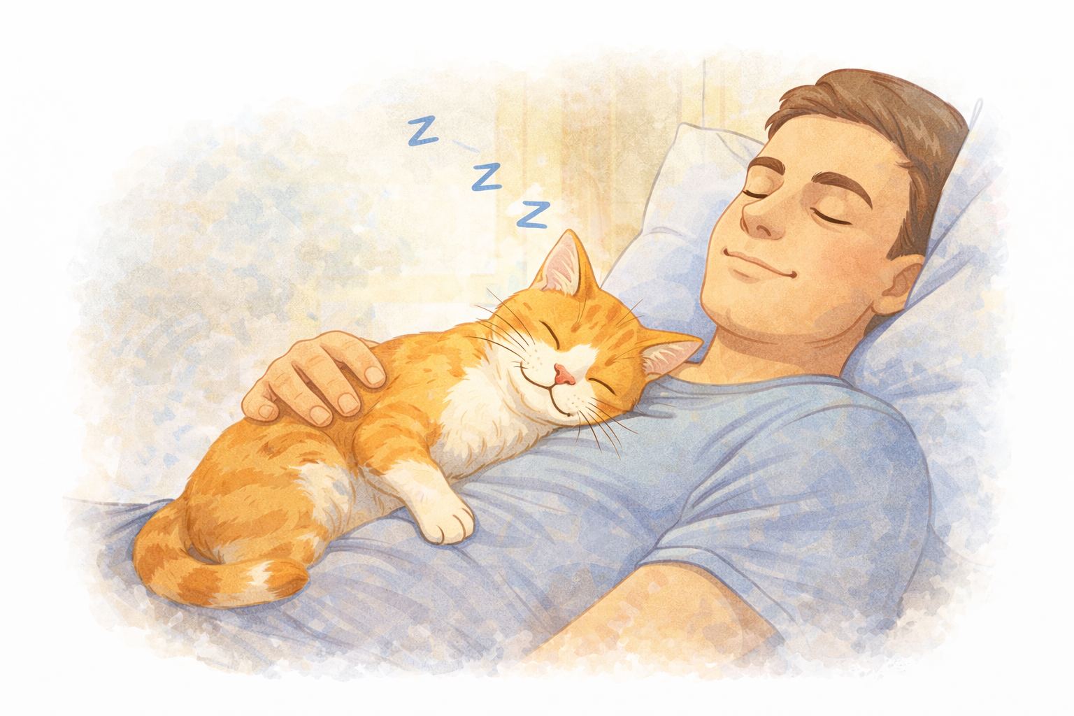 Gato dormindo calmamente no colo do tutor, representando tranquilidade e bem-estar após reduzir o miado excessivo