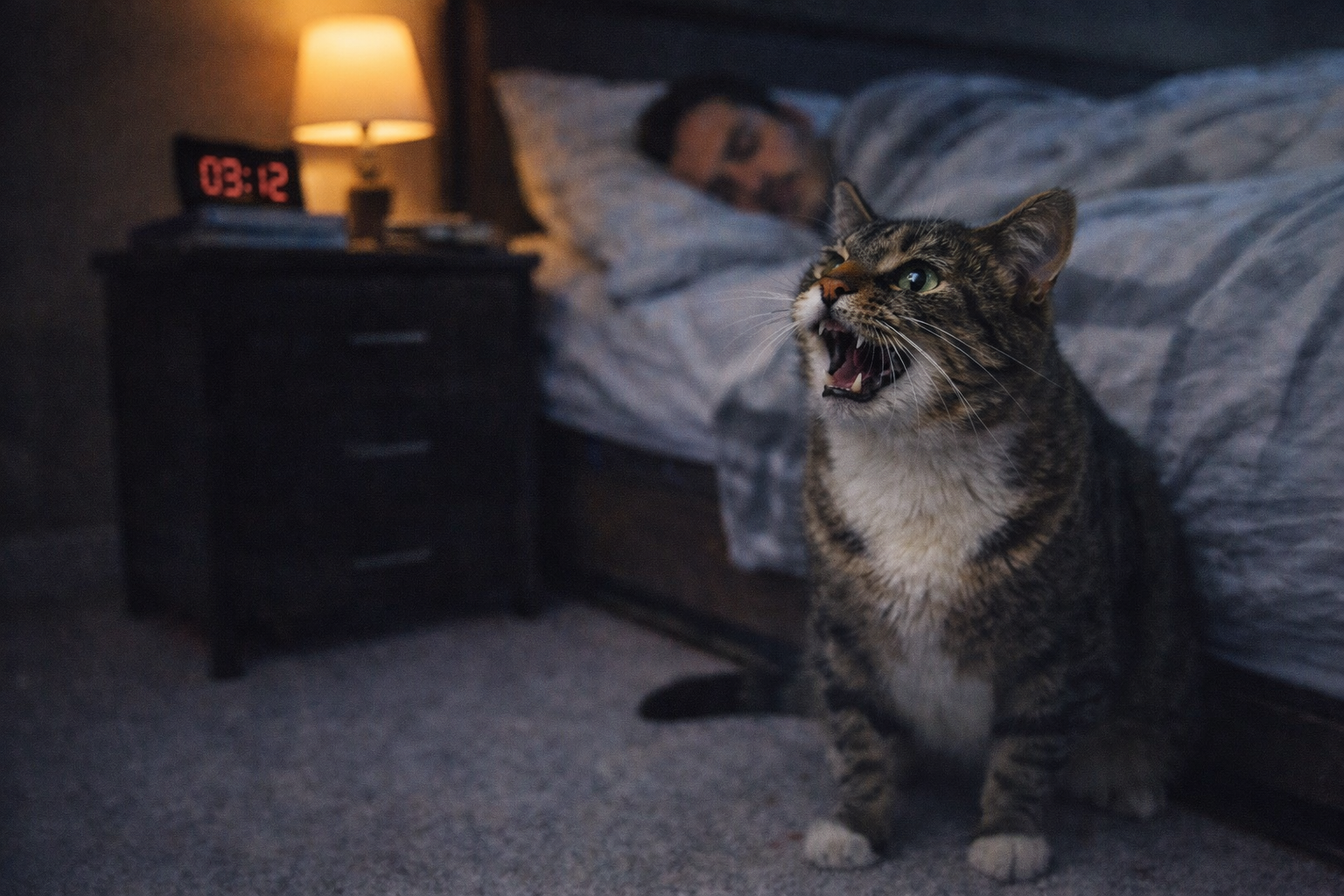 Gato castrado miando muito à noite dentro do quarto enquanto o tutor dorme, comportamento comum por falta de estímulo durante o dia