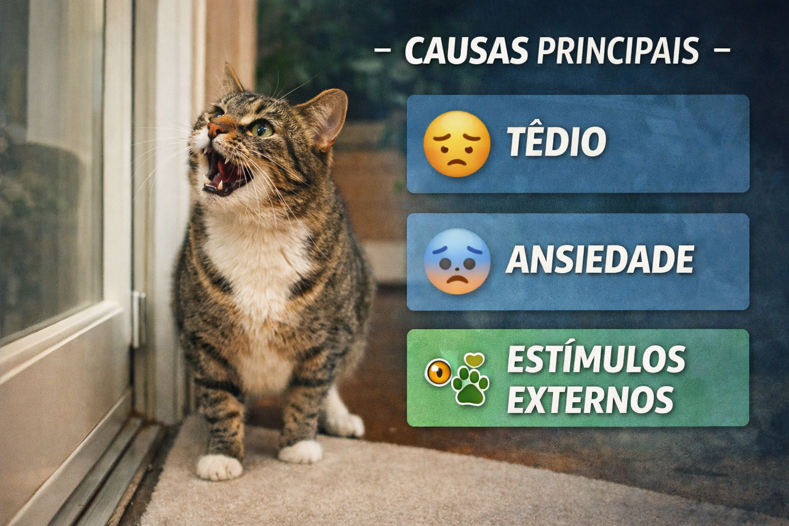 Gato castrado miando muito perto da porta, comportamento comum causado por tédio, frustração ou estímulos externos