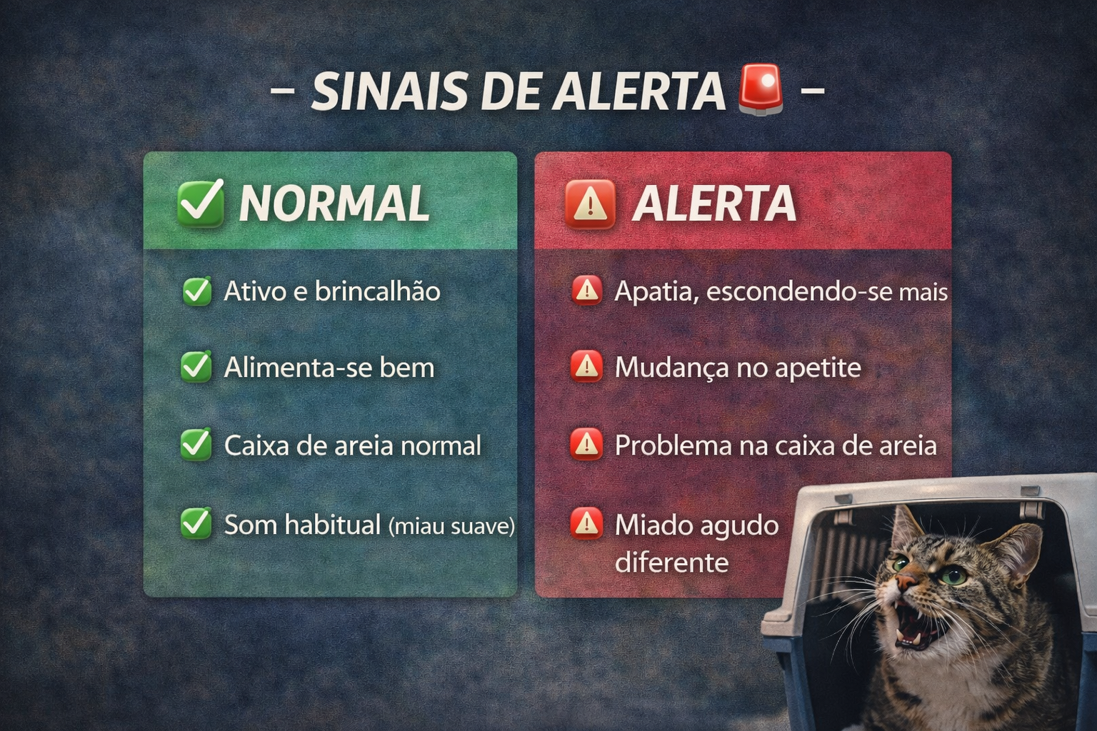 Checklist visual mostrando sinais de alerta quando gato castrado miando muito pode indicar problema de saúde
