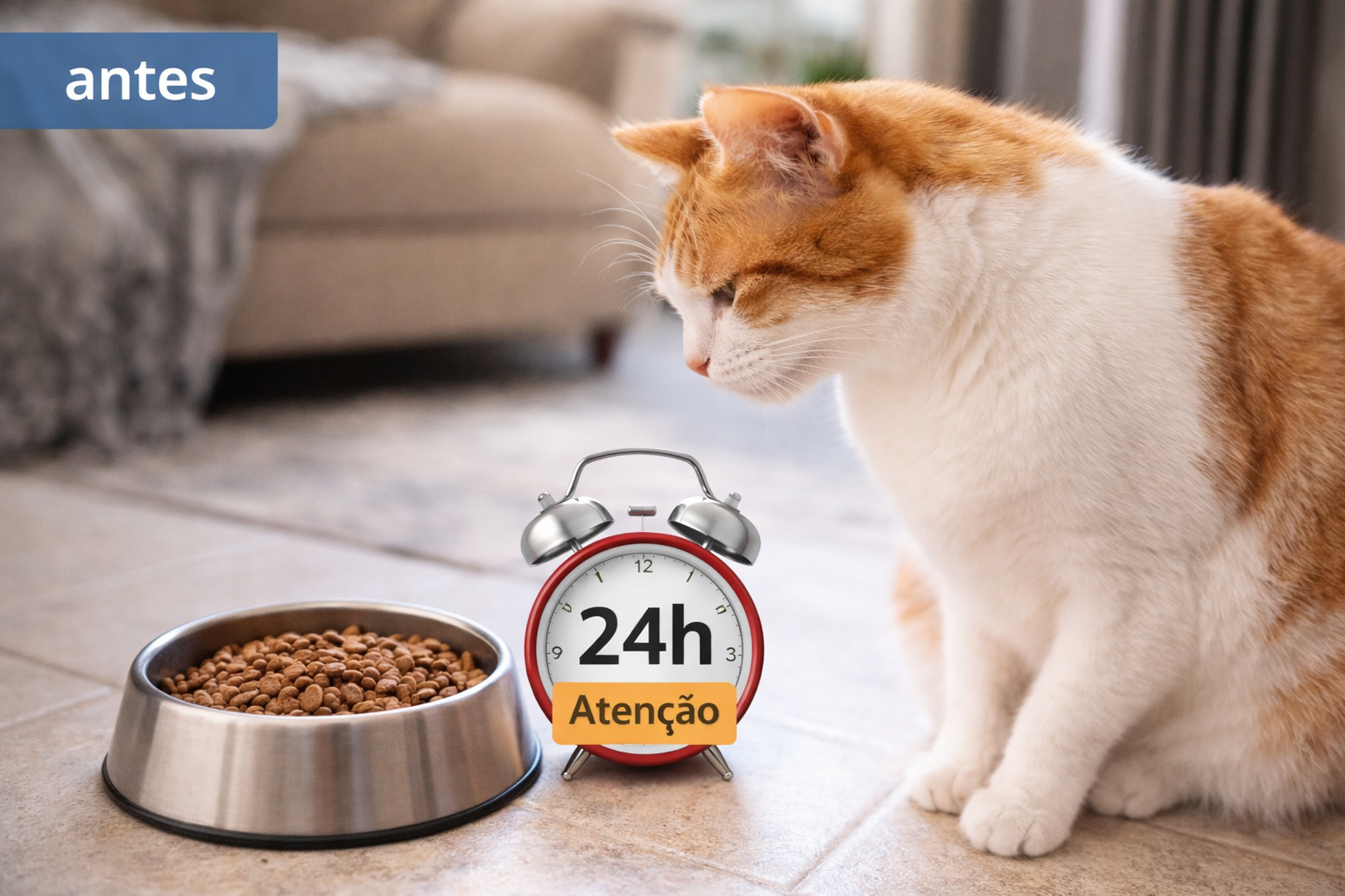 Gato cheira a comida e não come ao lado de pote cheio com aviso 24h atenção, sinal de mudança no comportamento e possível estresse

Versão ainda mais estratégica (incluindo variação semântica):
Gato virando o rosto para pote cheio de ração, sinal de que o gato parou de comer e precisa de atenção em 24 horas