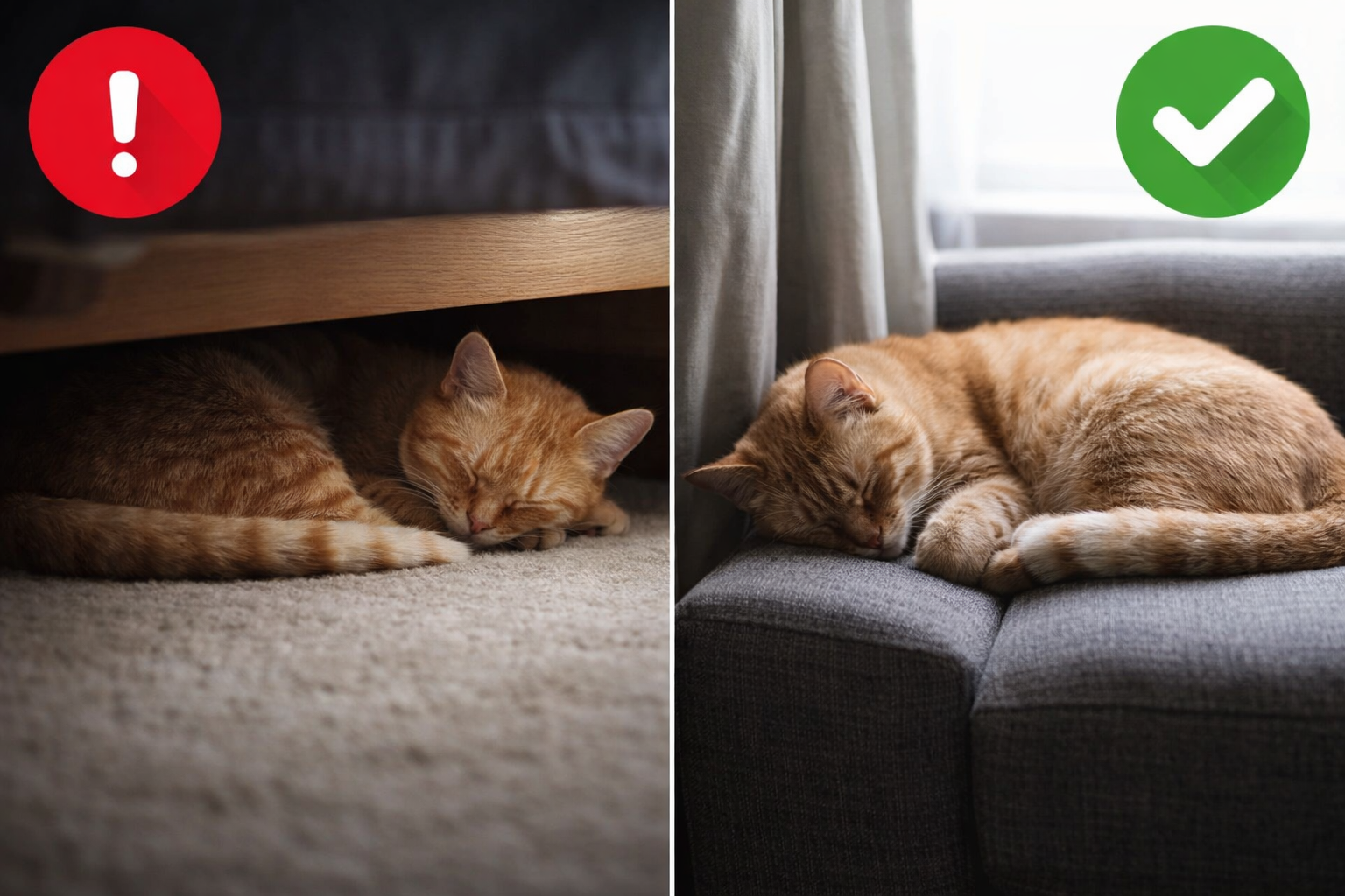 Gato dormindo escondido embaixo da cama comparado ao local habitual no sofá, ilustrando mudanças sutis no comportamento do gato