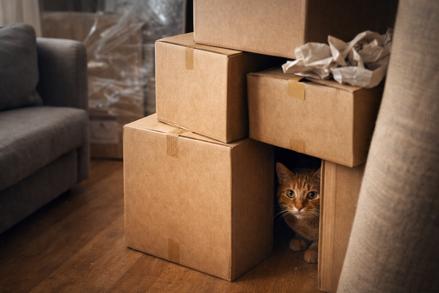 Gato escondido atrás de caixas durante mudança de casa, demonstrando sinais de ansiedade e estresse após alteração no ambiente.
