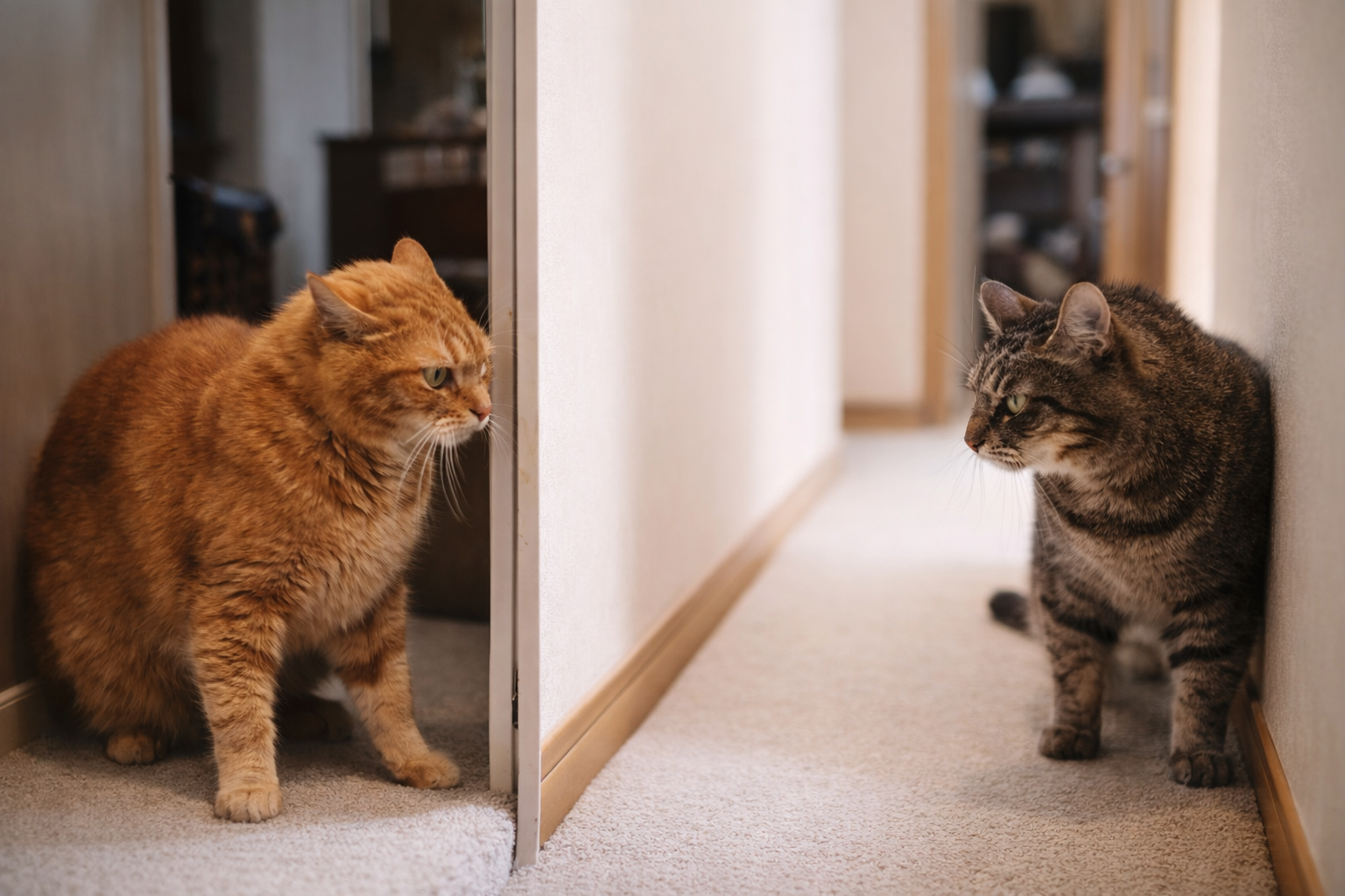 Dois gatos em tensão no corredor, um bloqueando a passagem do outro, demonstrando conflito territorial e possível ansiedade em convivência.