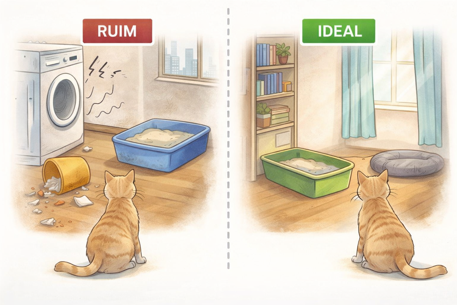 Gato fazendo xixi fora da caixa por estresse comparando local inadequado e local ideal da caixa de areia em apartamento.