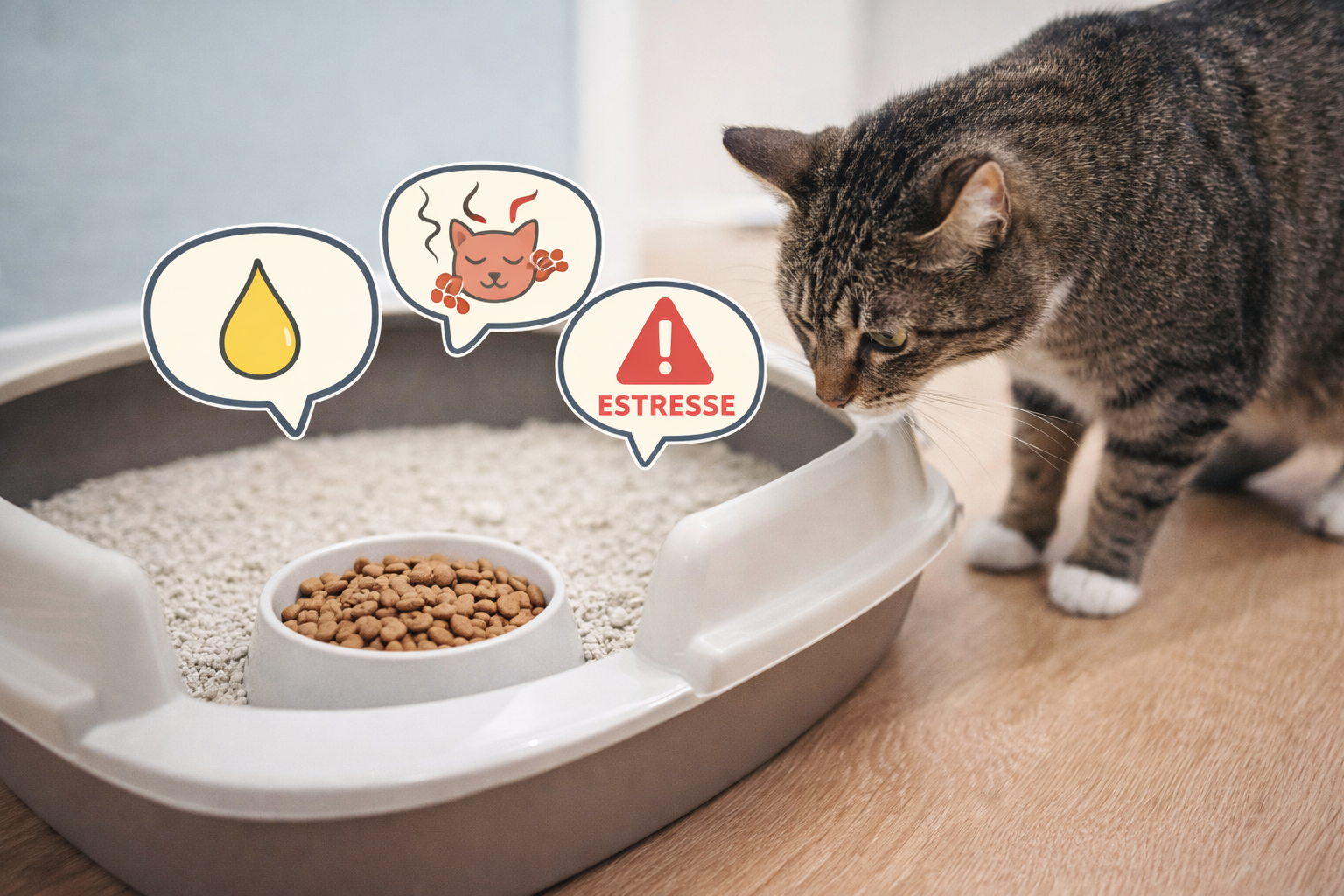 Gato hesitando em entrar na caixa de areia com ícones de xixi, dor e estresse, sinal de alerta para mudança no comportamento