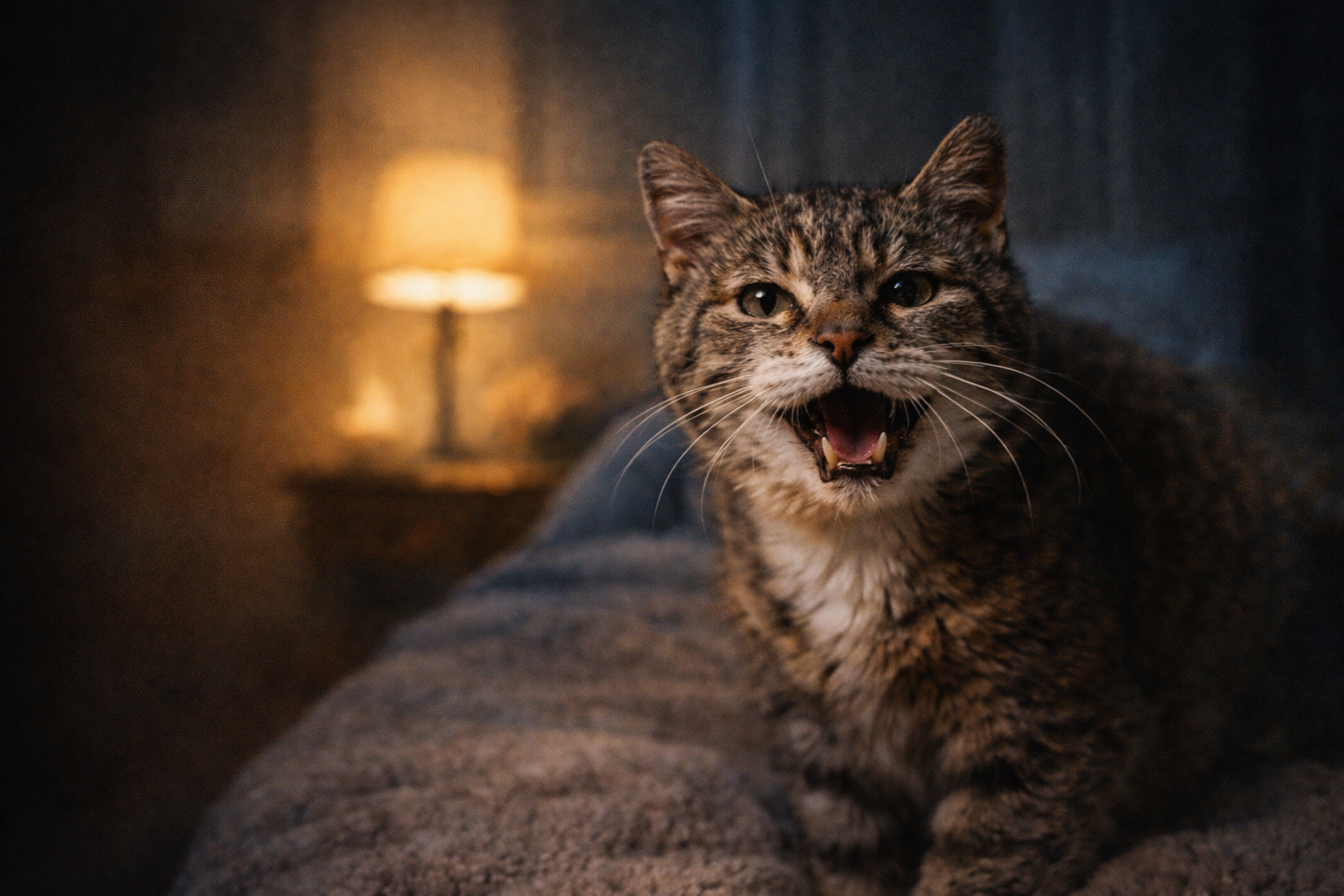 Gato idoso miando à noite em ambiente escuro, sinal de confusão, insegurança ou dor