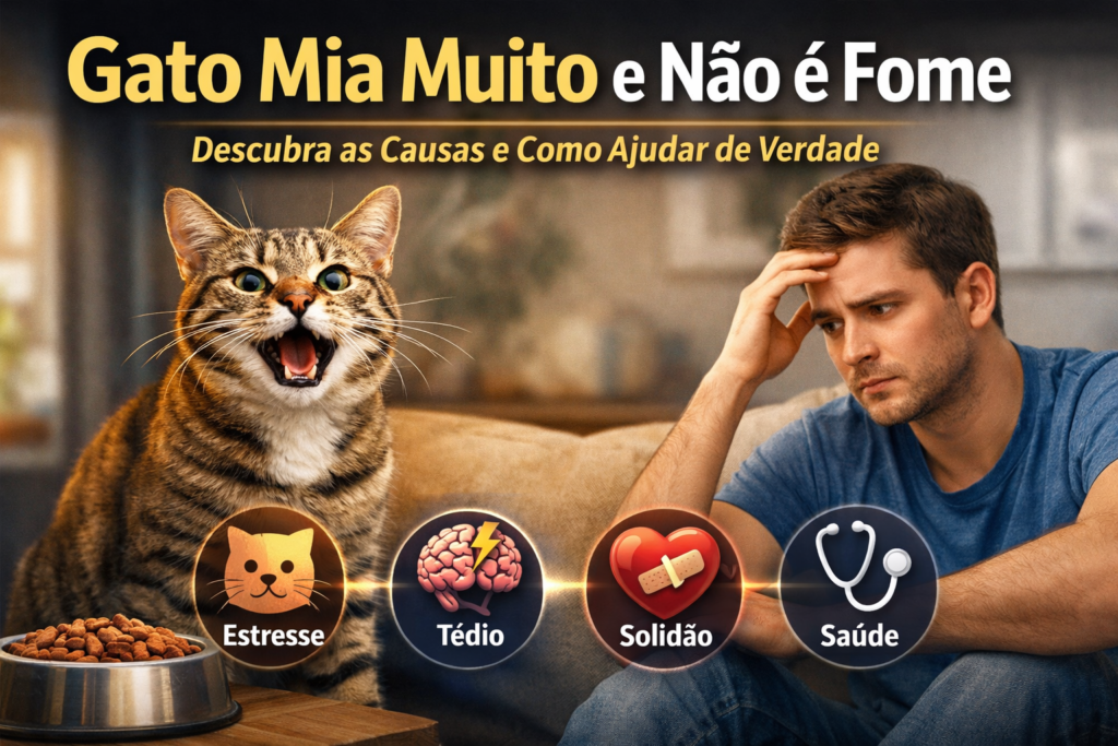 Gato miando muito ao lado da comida cheia enquanto tutor demonstra preocupação