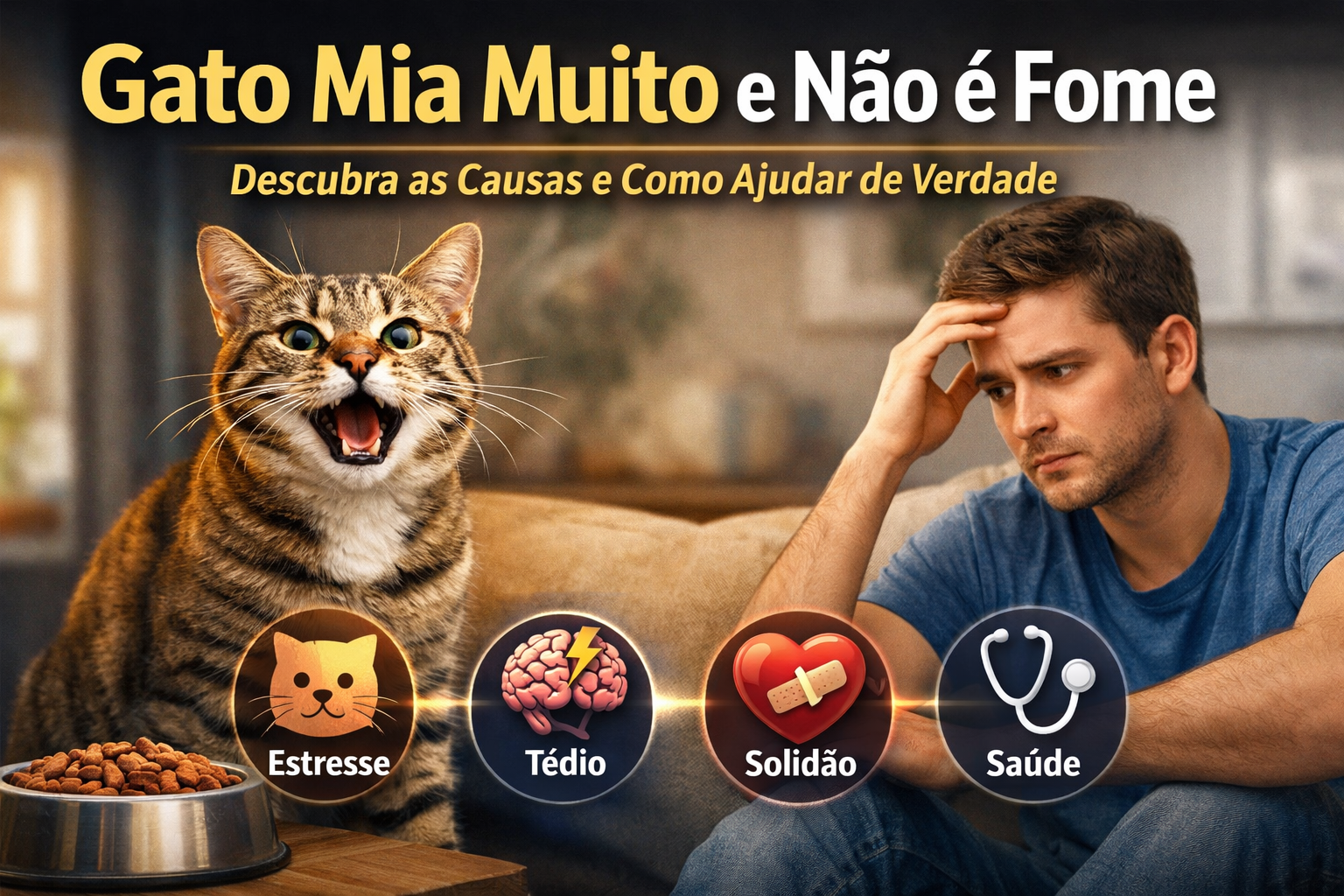 Gato mia muito e não é fome, porque está ao lado da comida cheia enquanto tutor demonstra preocupação