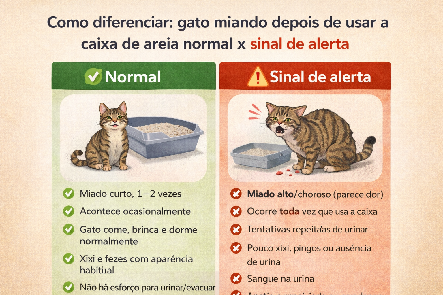 Checklist visual mostrando quando o gato miando depois de usar a caixa de areia é normal e quando é sinal de alerta