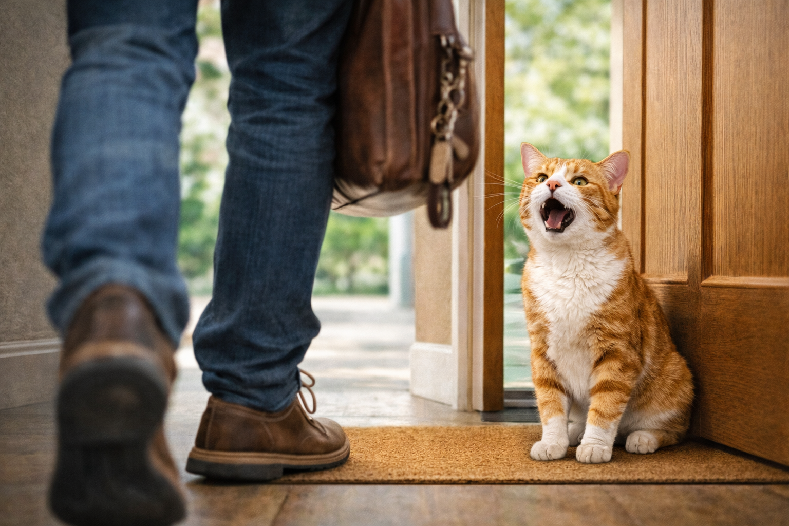 Gato miando perto da porta enquanto o tutor sai de casa, comportamento comum ligado à ansiedade por separação