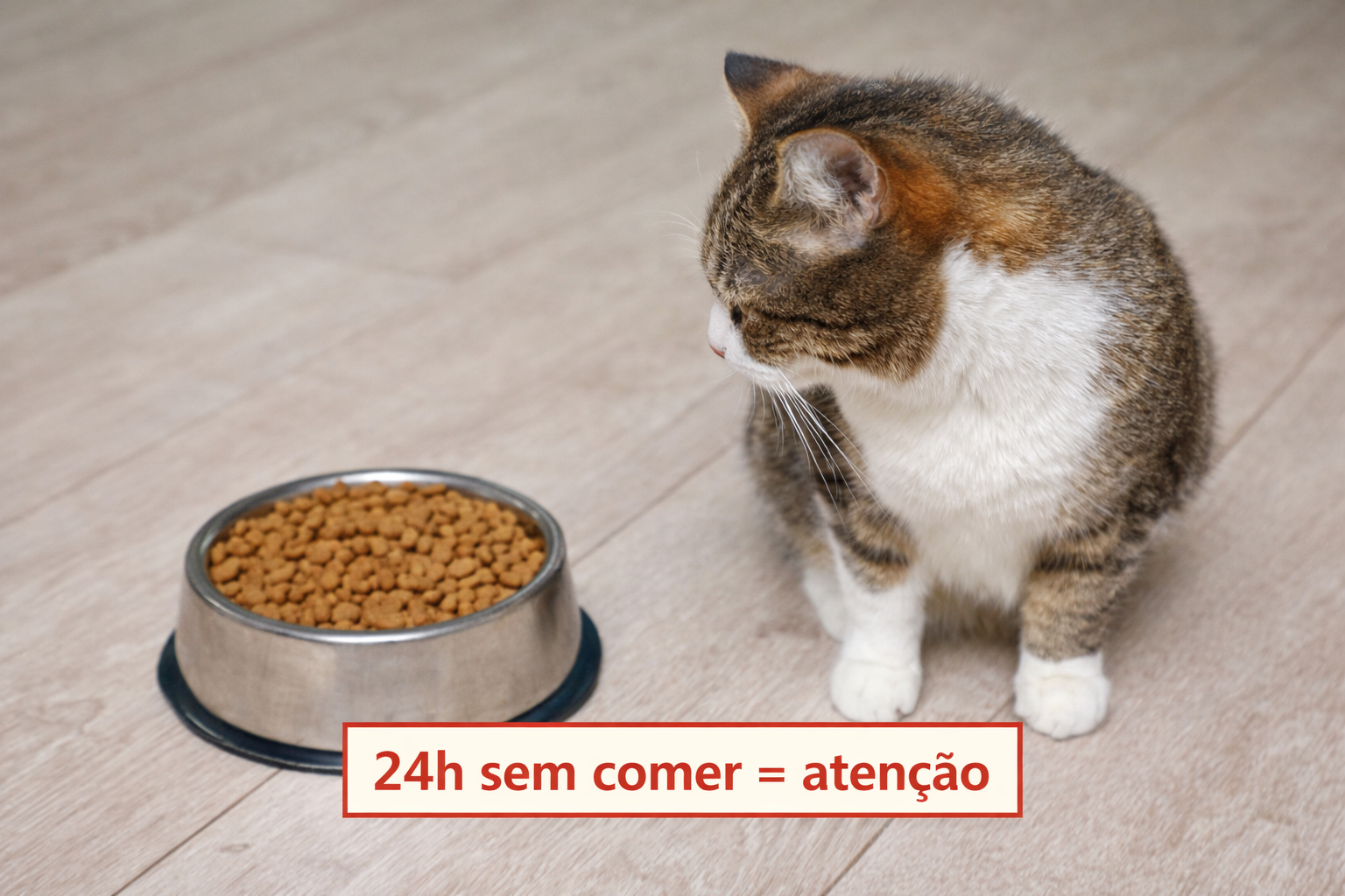 Gato virando o rosto para pote cheio de ração com aviso 24h sem comer atenção, ilustrando sinal de alerta para doença em gatos
