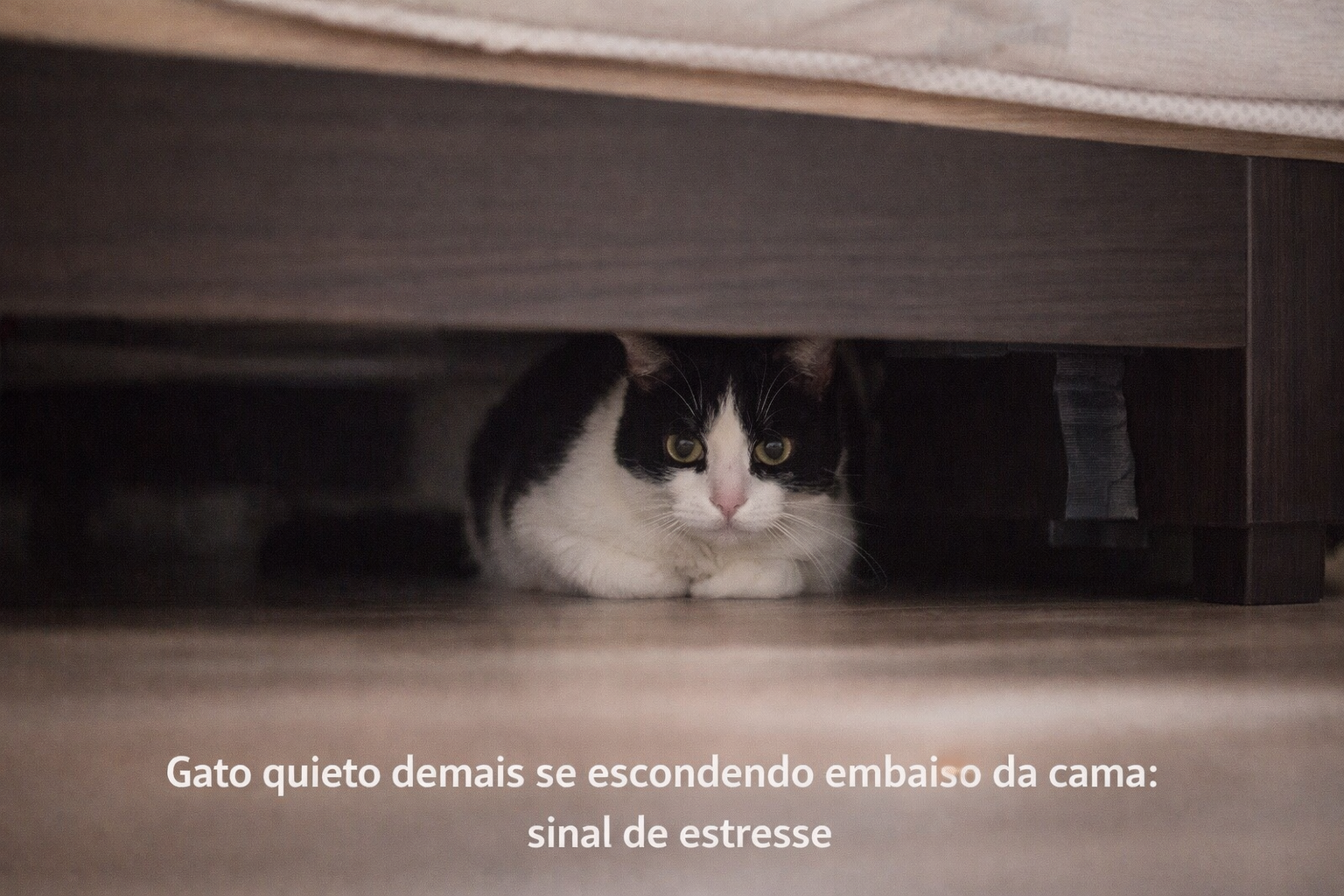 Gato quieto demais se escondendo embaixo da cama, possível sinal de estresse ambiental