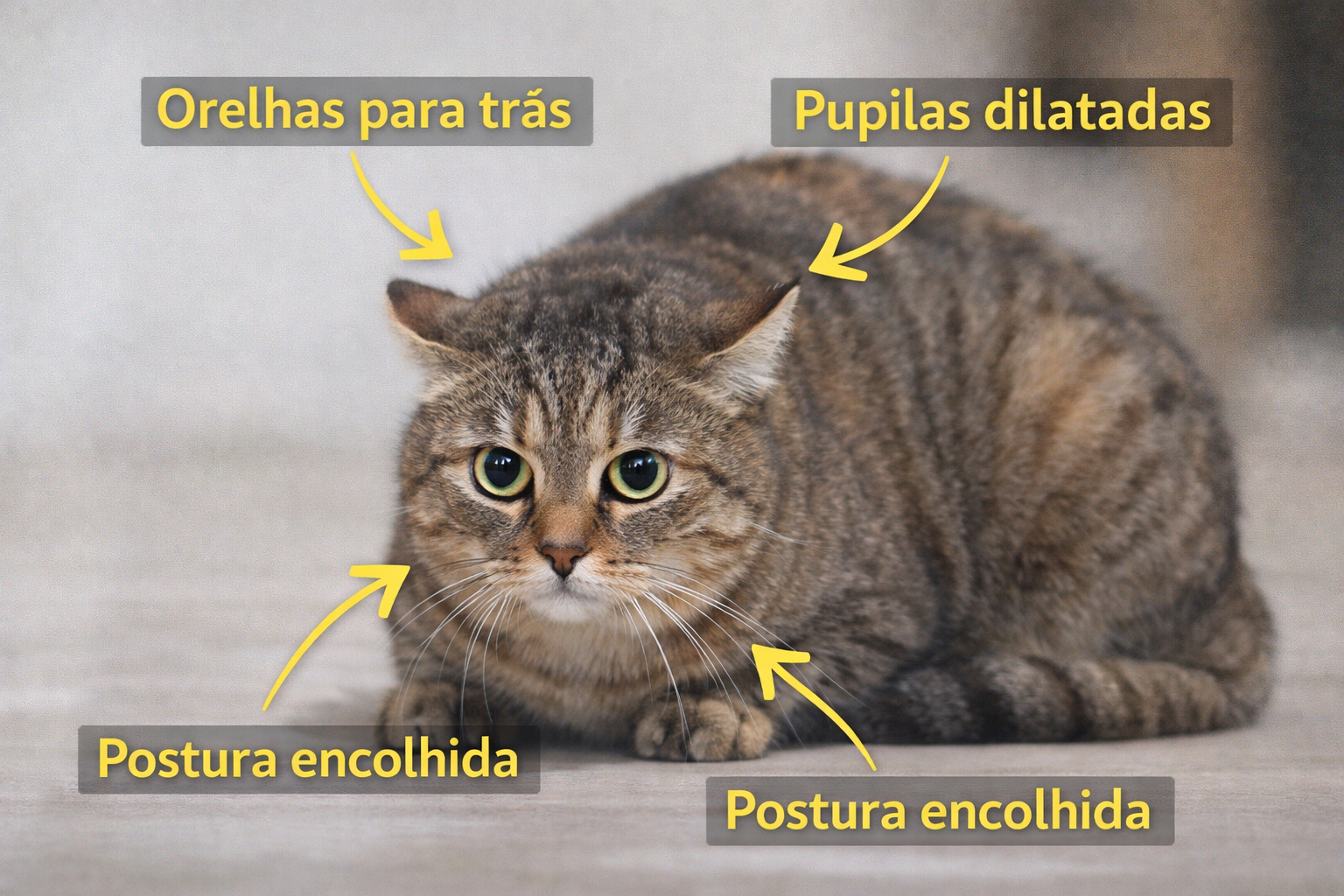 Sinais de estresse em gato quieto demais: orelhas para trás, pupilas dilatadas e postura encolhida