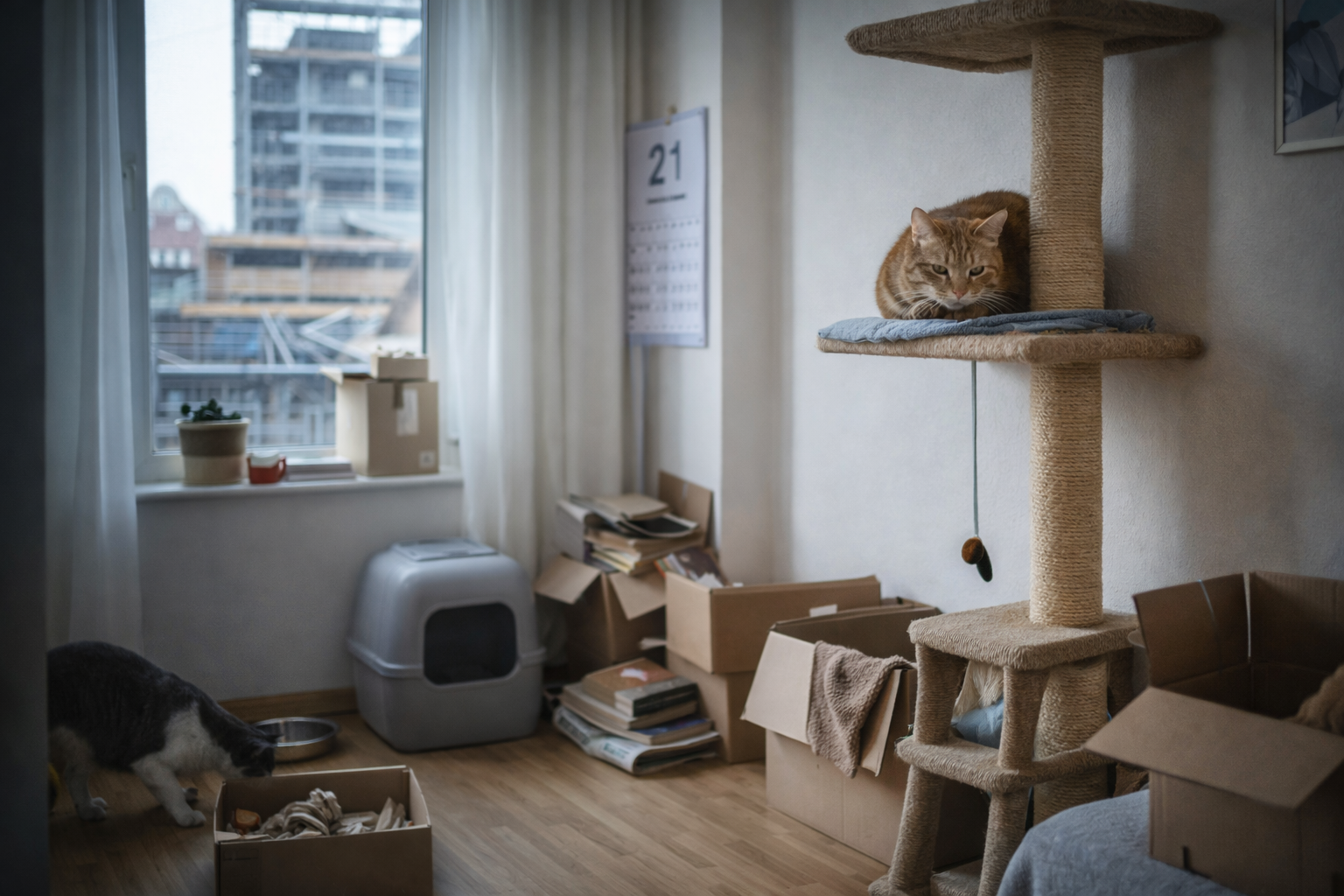 Gato em apartamento com prateleira e arranhador, caixa de areia e objetos de mudança ao redor, ilustrando possíveis gatilhos de estresse e gato sofrendo em silêncio em ambiente indoor.