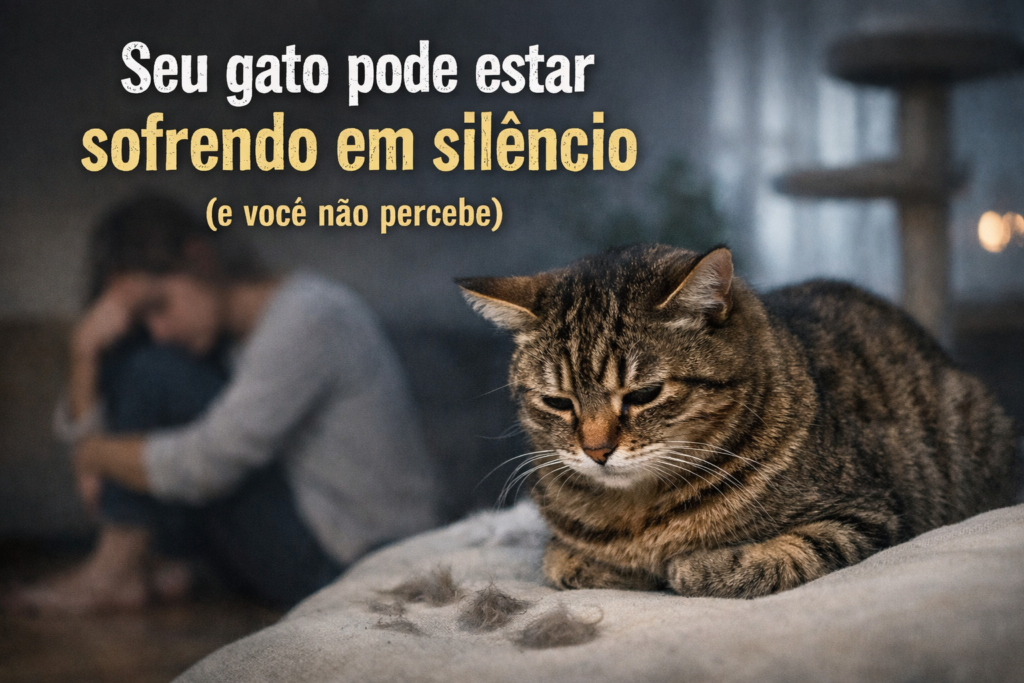 Gato com expressão triste e postura retraída em ambiente doméstico, representando sinais silenciosos de estresse e sofrimento emocional felino.