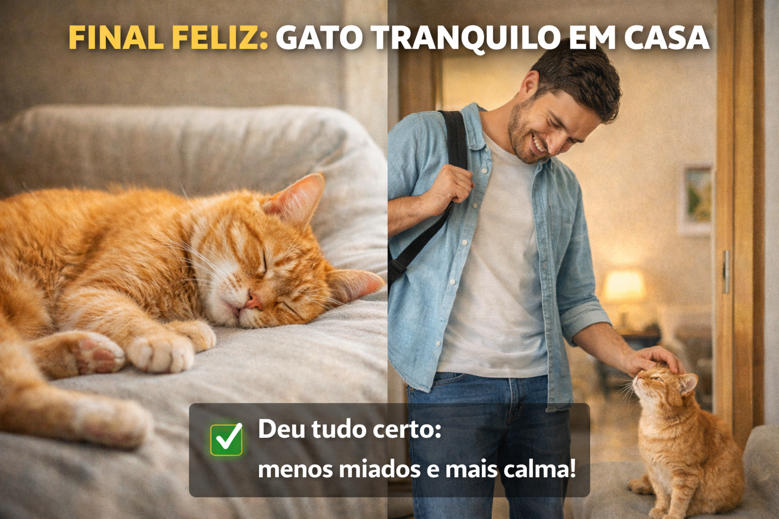 Gato relaxado dormindo e recebendo o tutor com calma após rotina que reduziu miados excessivos