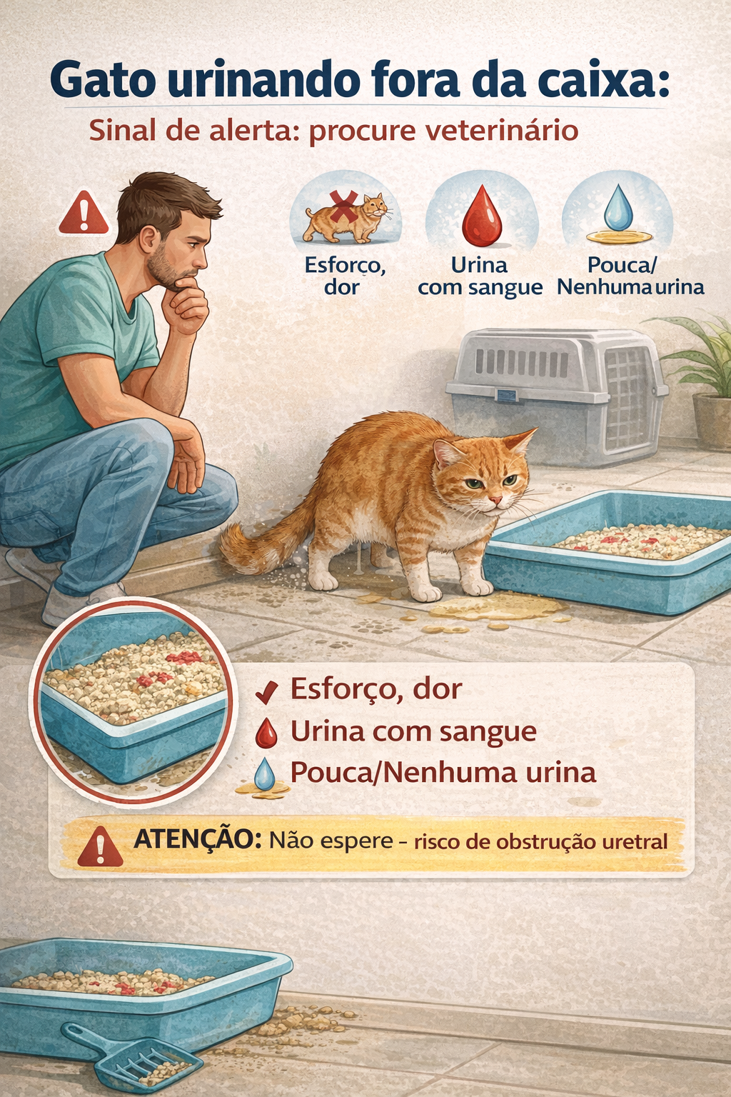 Gato urinando fora da caixa de areia com sinais de dor e sangue na urina, ilustrando como diferenciar ansiedade de doença em gatos