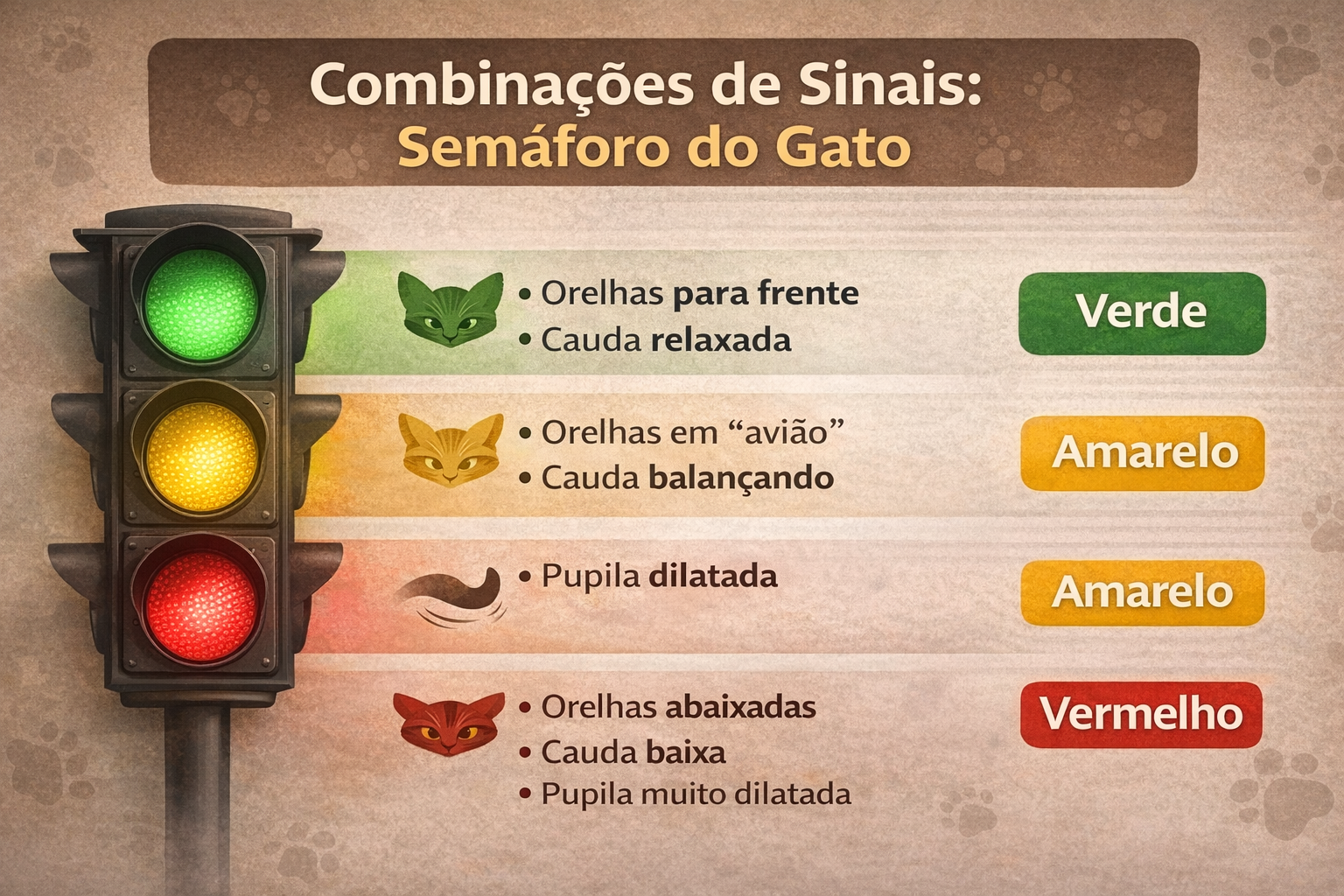 Semáforo da linguagem corporal do gato mostrando sinais verde, amarelo e vermelho para identificar estresse felino
