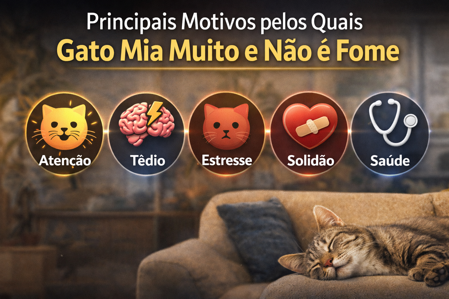 Mapa visual com ícones mostrando as principais causas do gato miar muito e não ser fome: atenção, tédio, estresse, solidão e saúde