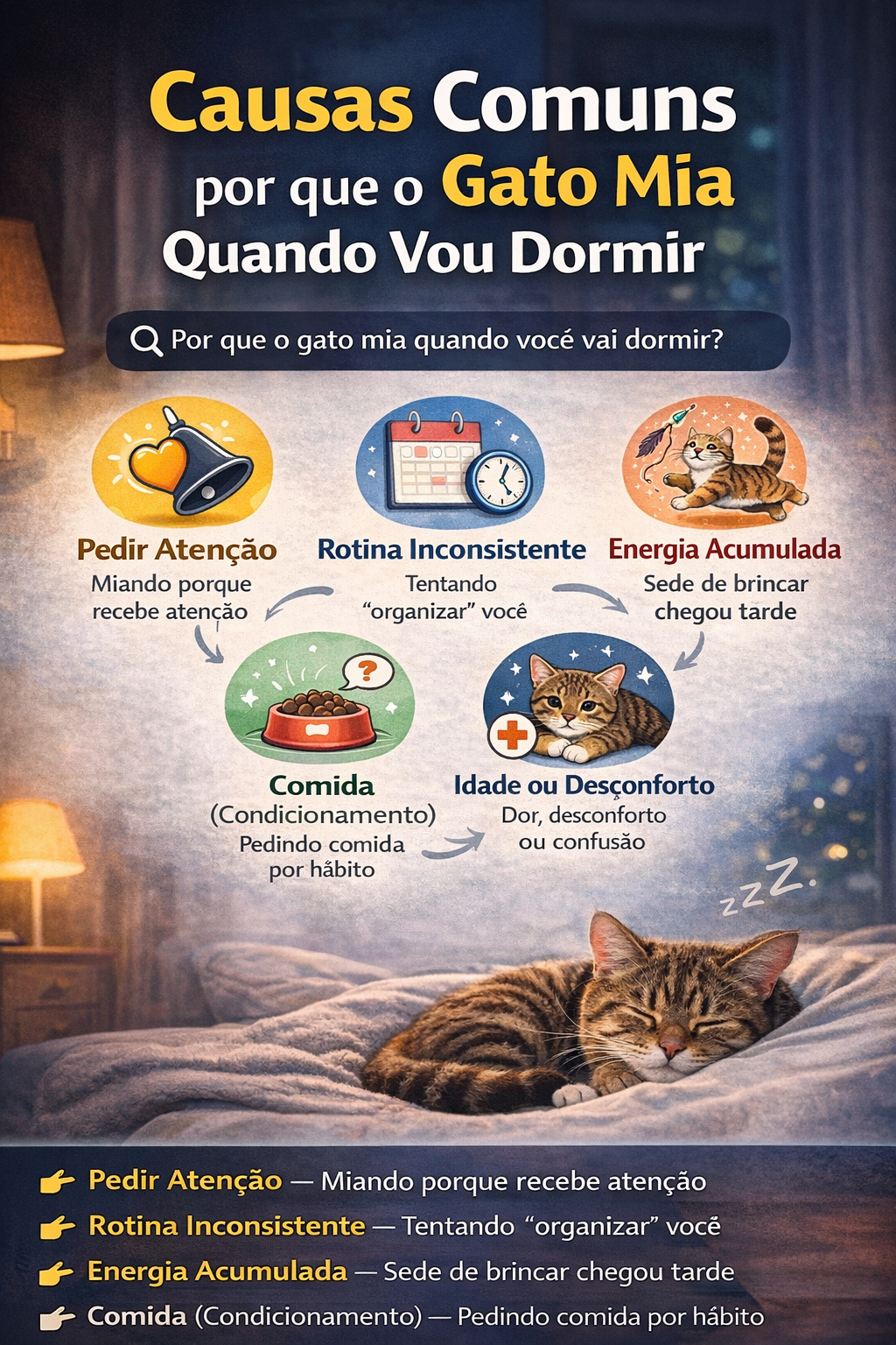 Mapa visual com as principais causas de gato miar quando o tutor vai dormir, incluindo atenção, rotina, energia acumulada, comida e desconforto