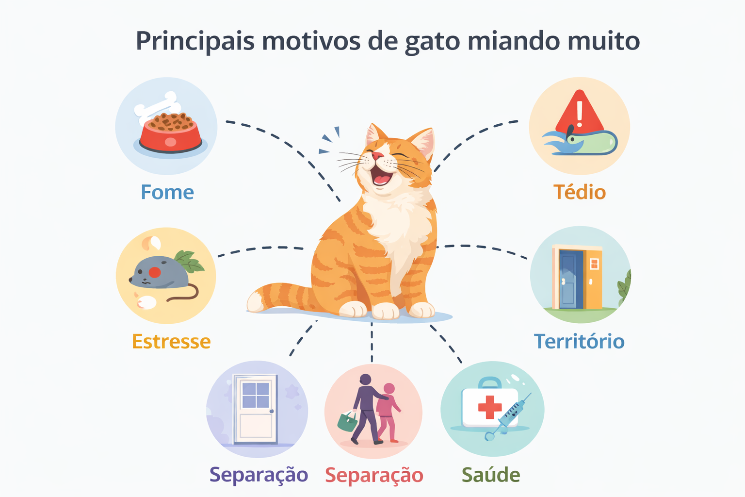 Mapa visual com as principais causas de gato miando muito: fome, tédio, estresse, território, separação e saúde