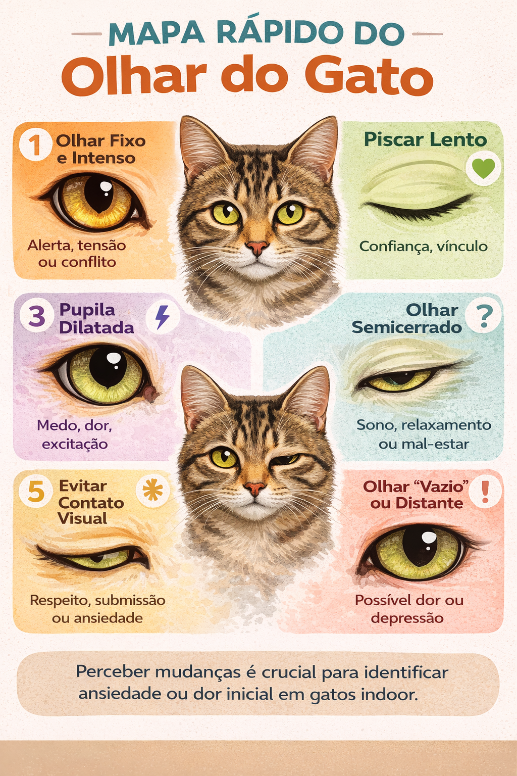 Mapa rápido do olhar do gato significado mostrando seis padrões: olhar fixo, piscar lento, pupila dilatada, olhar semicerrado, evitar contato visual e olhar vazio
