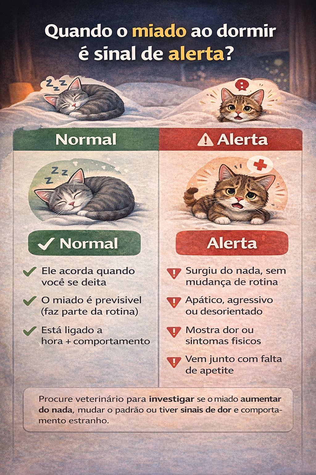 Comparação visual entre miado noturno normal do gato e sinais de alerta que indicam possível problema de saúde