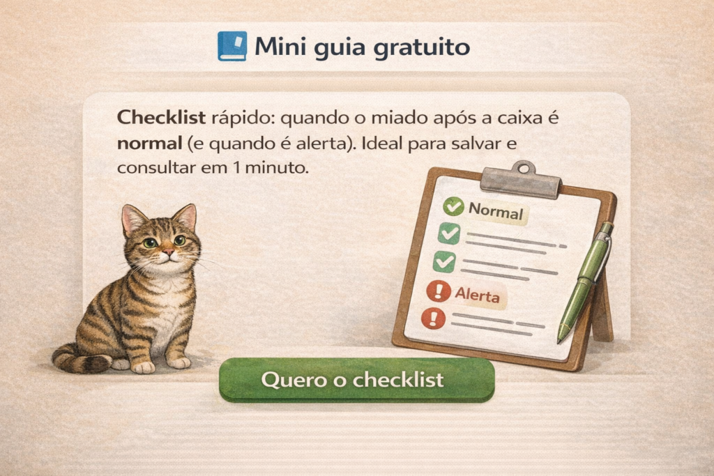 Imagem ilustrativa do mini guia gratuito com checklist para identificar quando o miado do gato após usar a caixa de areia é normal ou sinal de alerta