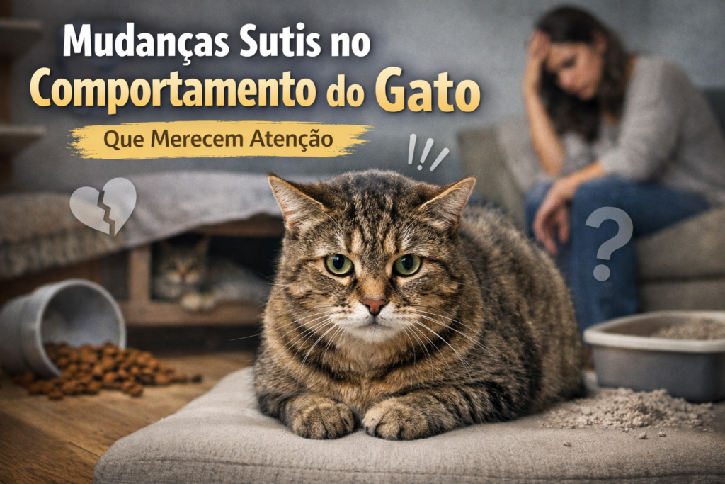 Mudanças sutis no comportamento do gato que merecem atenção, como alteração no apetite, caixa de areia e linguagem corporal